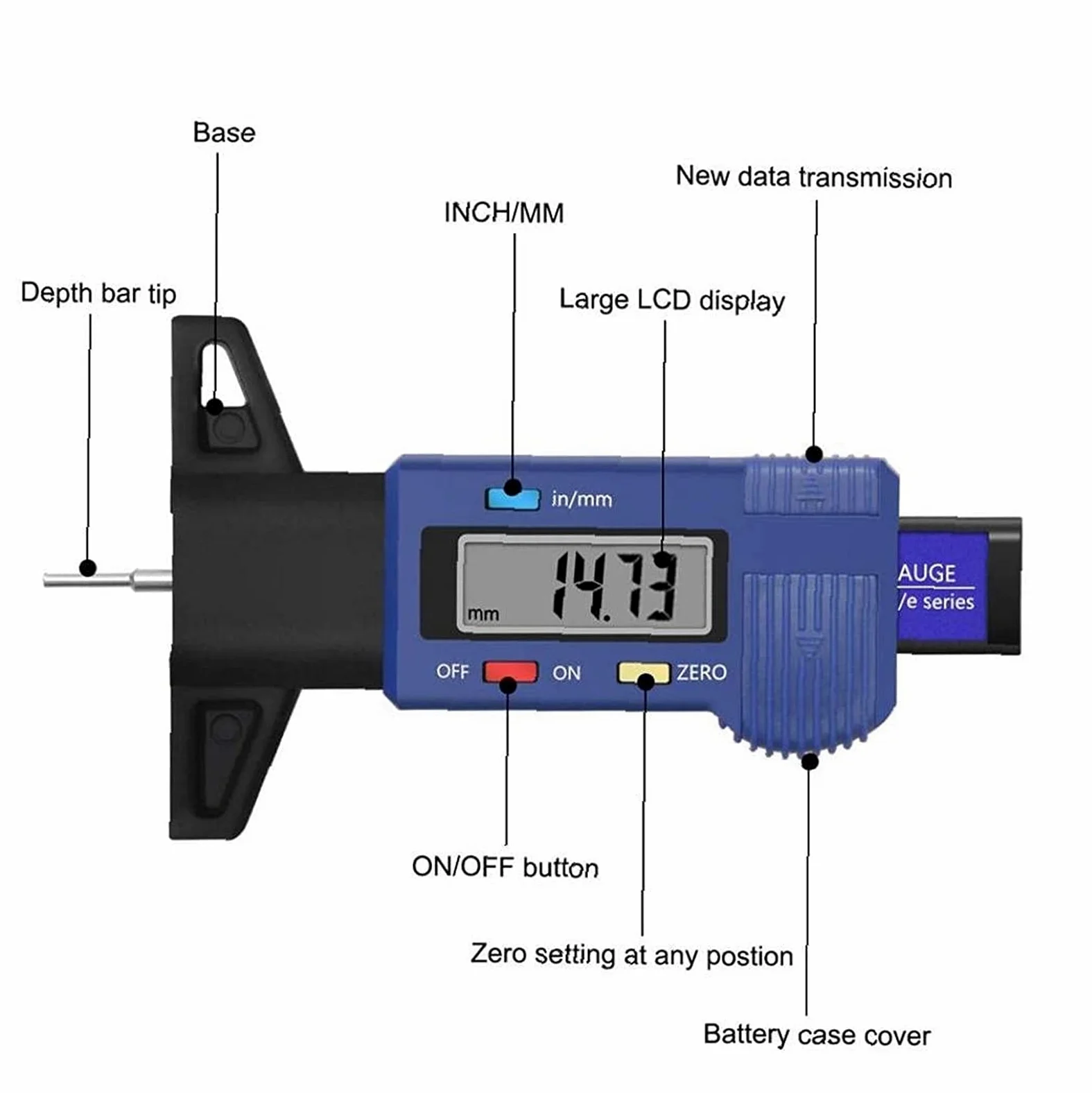 Medidor Digital de Profundidad de neumáticos Probador de Profundidad de Banda de Rodadura de neumáticos de 0-25,4 mm con Pantalla LCD Herramienta de medición de Calibre de Espesor Azul