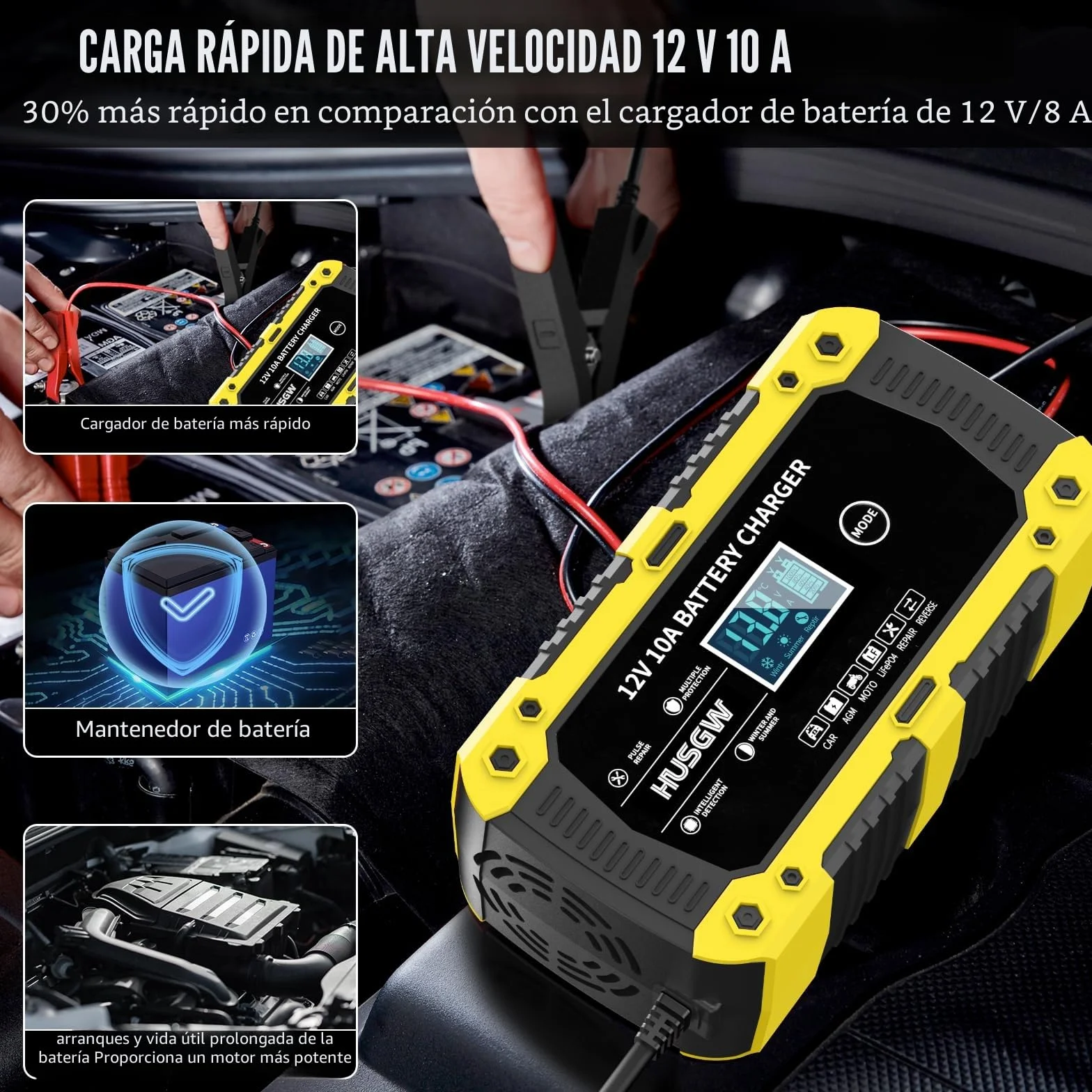 12V10A Cargador Baterias Coche, Cargador de Baterias Coche y Moto Inteligente y Funciones, Adecuado para Baterías Automotrices LiFePO4,para Coche/Moto/Clippers/AGM/Gel/Wet/SLA (10A) (10 Amarillo)