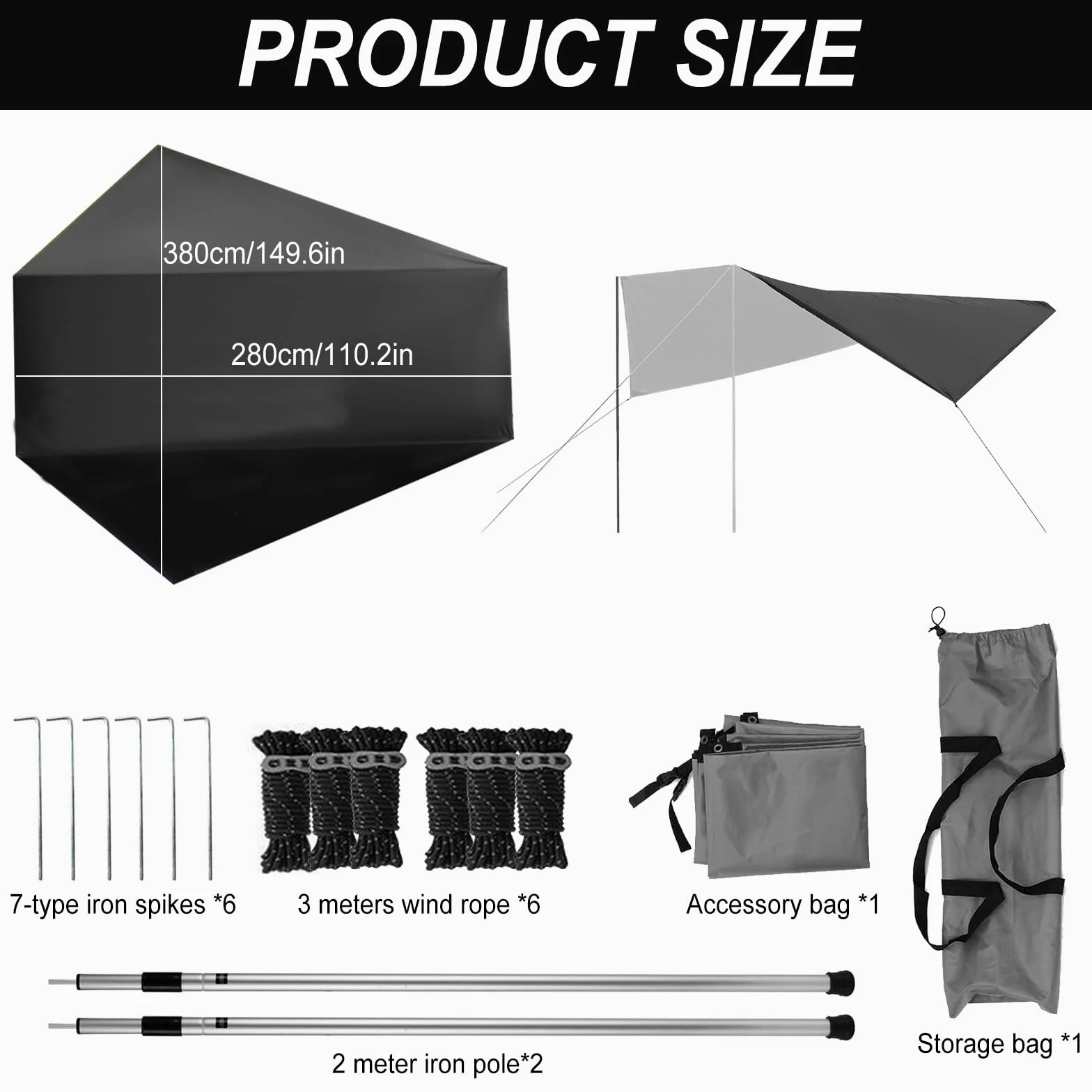 Toldo Coche, 280 x 380 cm Toldo para Portón Trasero y Lateral Impermeable, para Furgonetas y Autocaravanas (Negro)