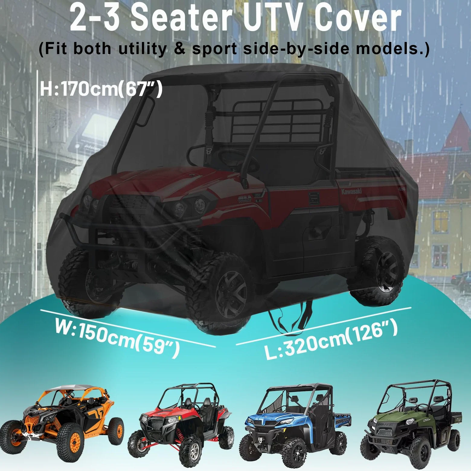 QYMOTO Funda para UTV de 2 plazas, Compatible con Polaris Ranger 570, Fundas RZR 900/1000, Honda Pioneer 500/700, Can Am X3, Arctic Cat Side by Side All Weather Protection Wind Waterproof