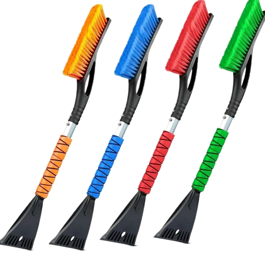 Rascador y Cepillo de Nieve para Coche de Aluminio de 27 Pulgadas con Agarre de Espuma, Paquete de 4 en Naranja, Rojo, Verde y Azul
