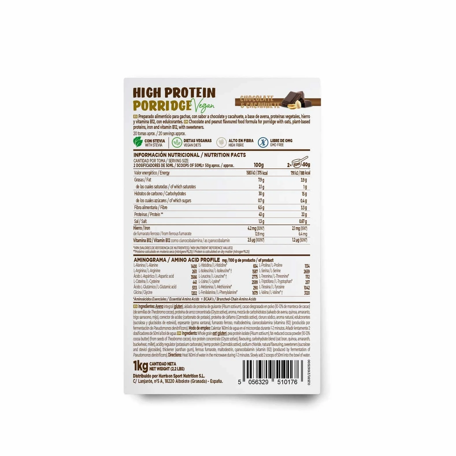 HSN Gachas de Avena Proteicas Veganas Chocolate Cacahuete 1 kg Porridge Proteico