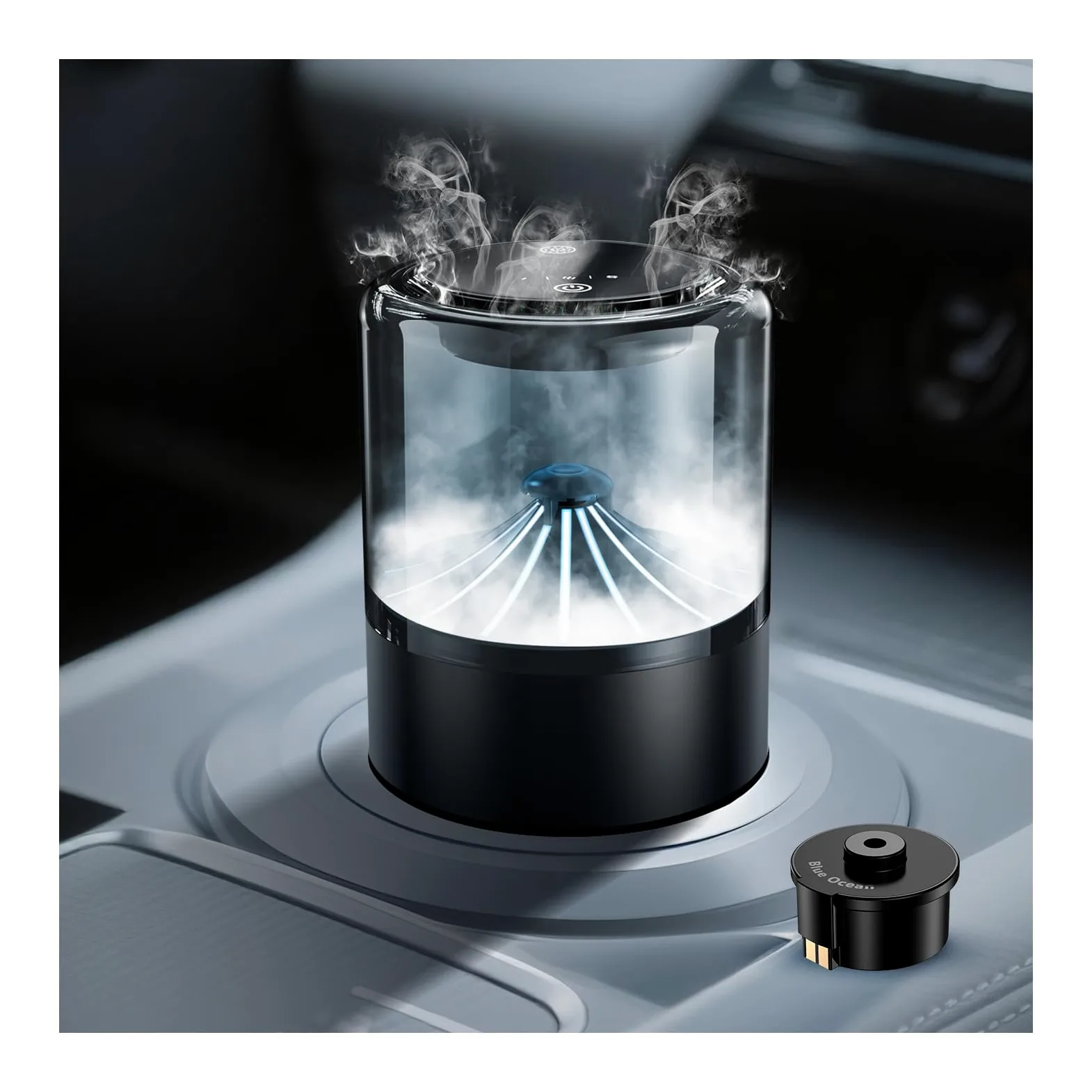 Difusor de Ambientador para Coche con Aroma Blue Ocean de MMOBIEL – Difusor de Coche con 2 Modos de Pulverización, 4 Niveles Intensidad, Encendido/Apagado Automático y Cable – USB/Batería – Sin Llama