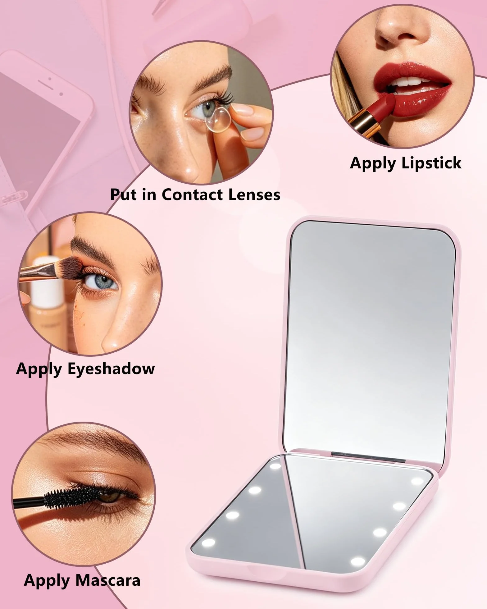 Espejo Maquillaje con Luz LED Plegable Aumento 1x/2x Portátil Rosa