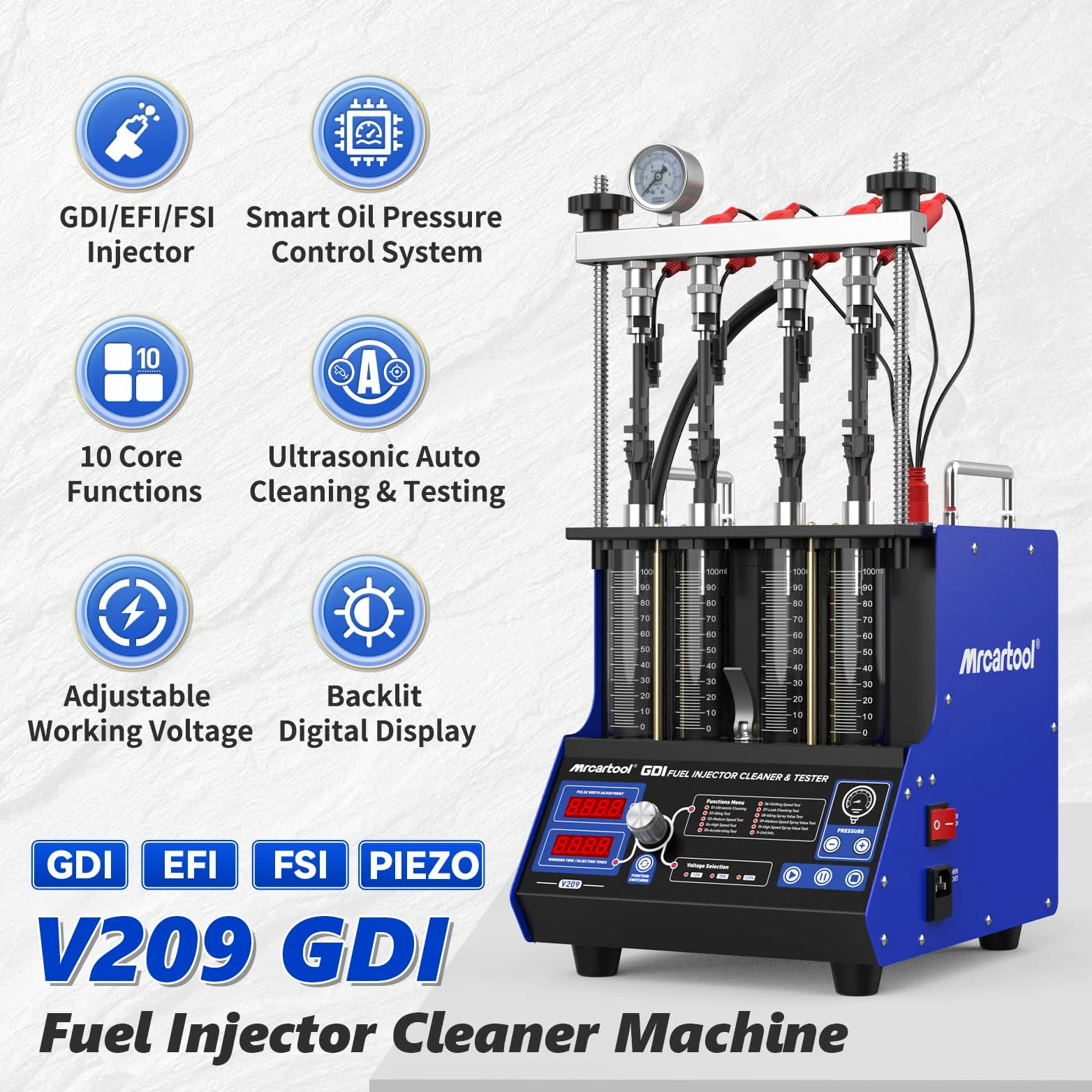 4 Cilindros GDI Probador Máquina de Limpieza con Limpieza Ultrasónica, Ultrasonidos Calefactores Limpiadores y Probador de Inyectores de Combustible con 10 Funciones, Adecuado para Inyectores EFI/FSI