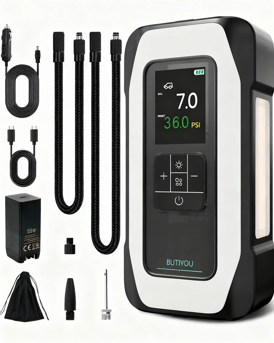 BY01 Inflador de neumáticos portátil compresor de aire para neumáticos grandes, bomba de aire inteligente con doble cilindro, Clourful Digital Sceen, Atuo Stop, 150PSI eléctrico 16000mAh inalámbrico