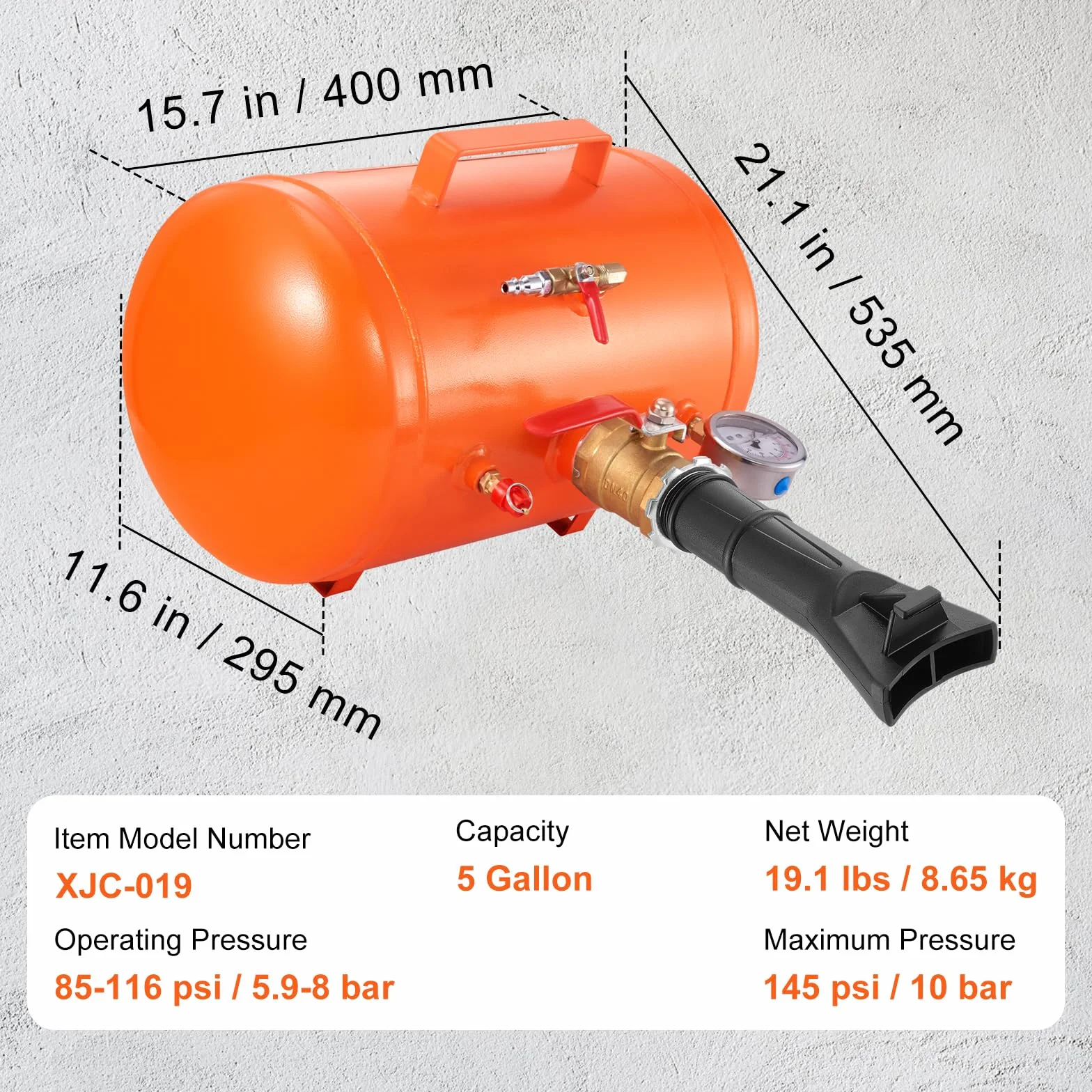 VEVOR Inflador de talones de neumáticos Inflador de neumáticos Rompetalones 19L 400x535x295mm Colocador de talones de neumáticos 85-116psi Inflador de impactos de neumáticos para automóviles