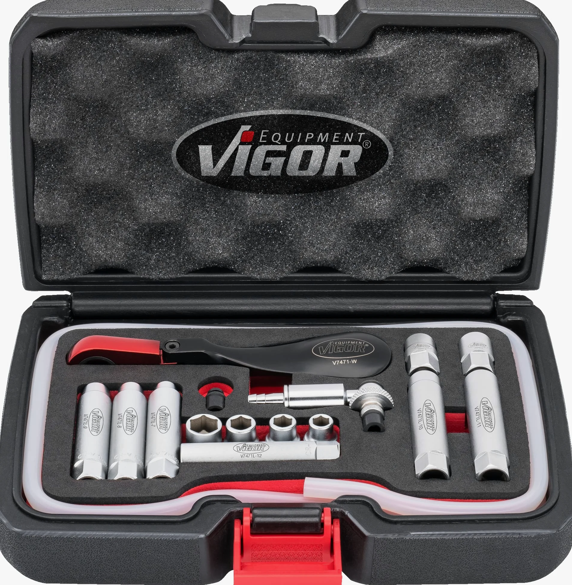 VIGOR Juego completo de purga de frenos V7471/17, 17 piezas, 7-12 mm | 1440 g, 17 piezas, 7 – 12 mm, uso cómodo gracias al trinquete especial ergonómico