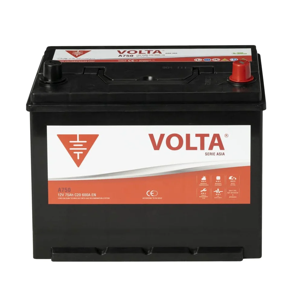 Bateria de Coche Marca Asiática 75Ah 600A Volta A750D - Borne +Dcha - Medidas Largo 260 x Ancho 173 x Alto 226 mm con 2 años de Garantía - Fabricación Europea.