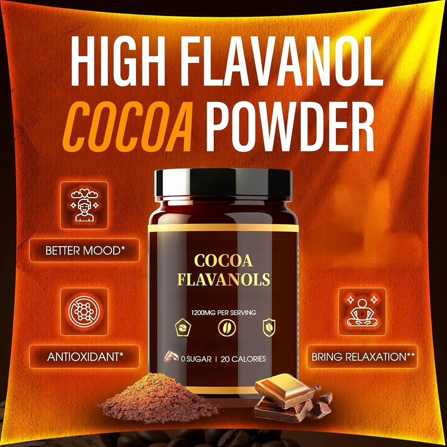 Cacao en Polvo con Alto Contenido de Flavanoles, 1200 mg, Aumenta la Energía Diaria, 2 Piezas