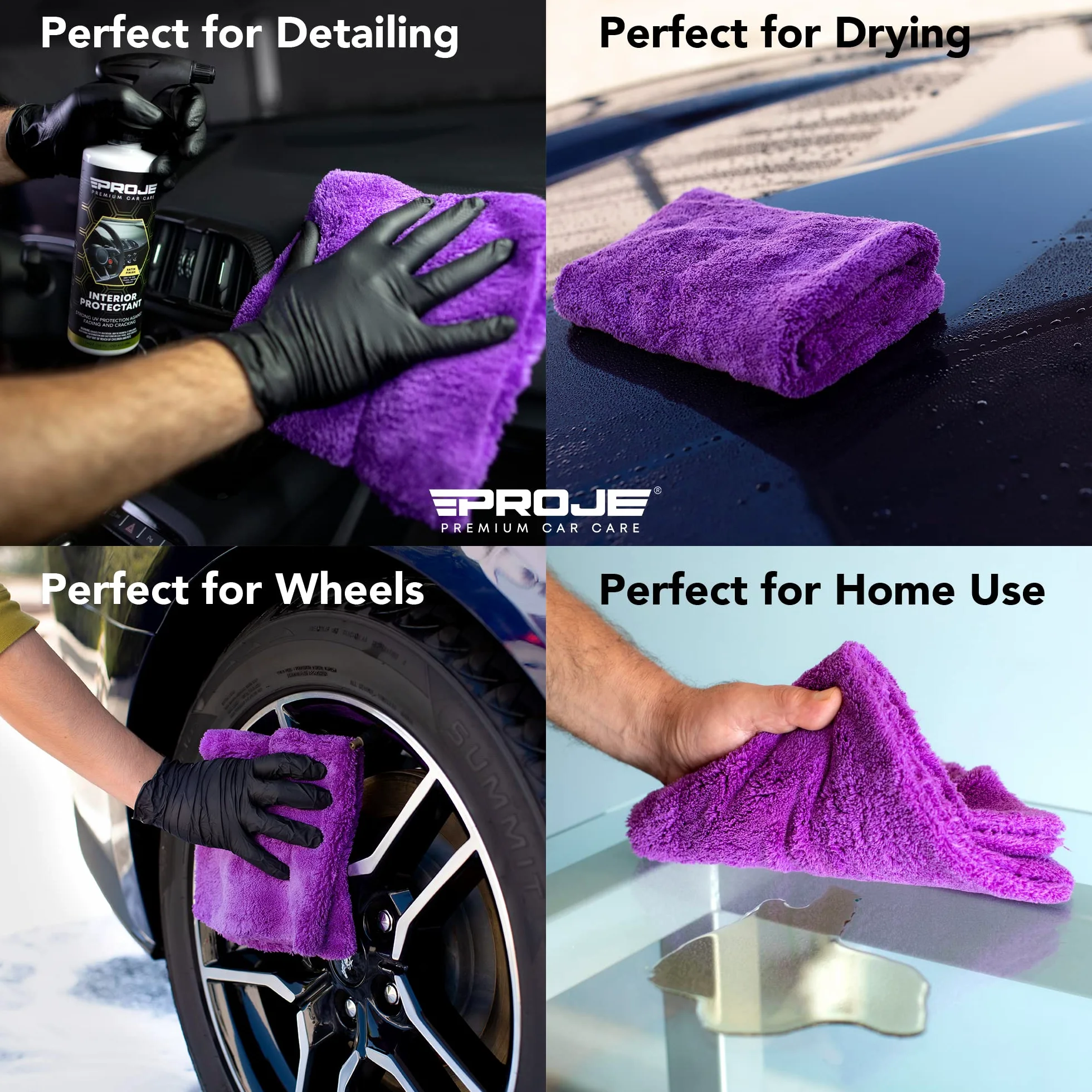 PROJE' PurplePRO - Toalla de secado de microfibra púrpura para automóviles, paño de limpieza ultra absorbente, toalla de detalles exteriores e interiores de automóviles, 500 g/m², 16 x 16 pulgadas