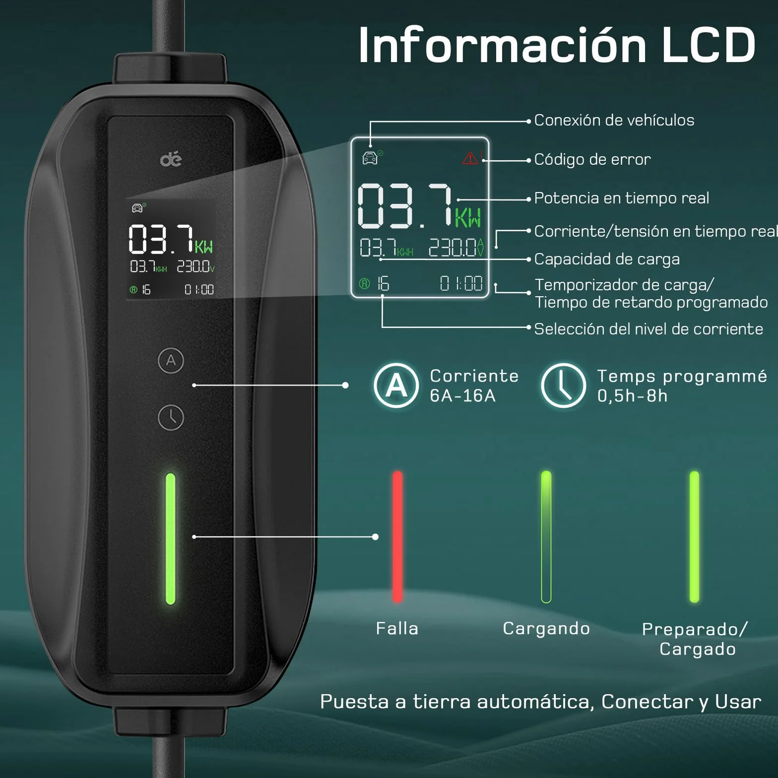 Cargador Coche Electrico 6m Tipo 2 Portatil 3,7kW 6-16A con Enfuse Schuko para Model Y/3 y BEV/PHEV