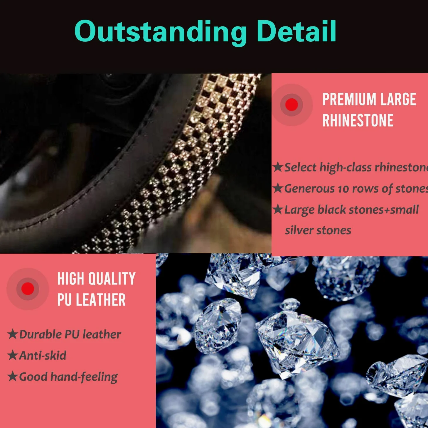 PINCTROT Bling Bling - Cómoda Funda para Volante con Diamantes de imitación de Cristal Jumbo, Piel de Diamante Antideslizante, Universal de 15 Pulgadas (Negro)