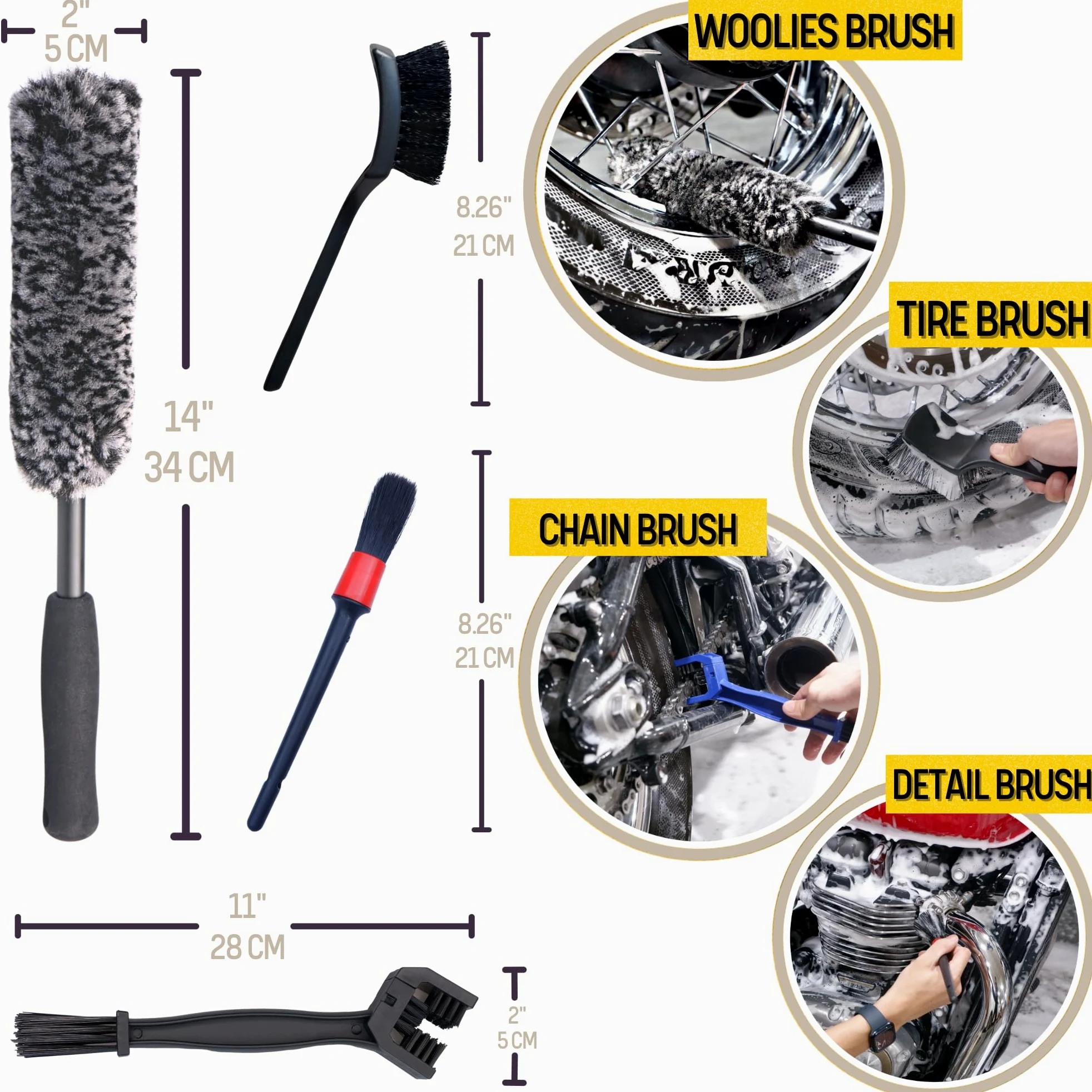 oesee Kit de limpieza de motocicleta, 6 unidades, diseño para cromo, cepillo de lana, guante de lavado de lana, cepillo de neumáticos y cadena, cepillo de detalles y toalla de felpa ultra para