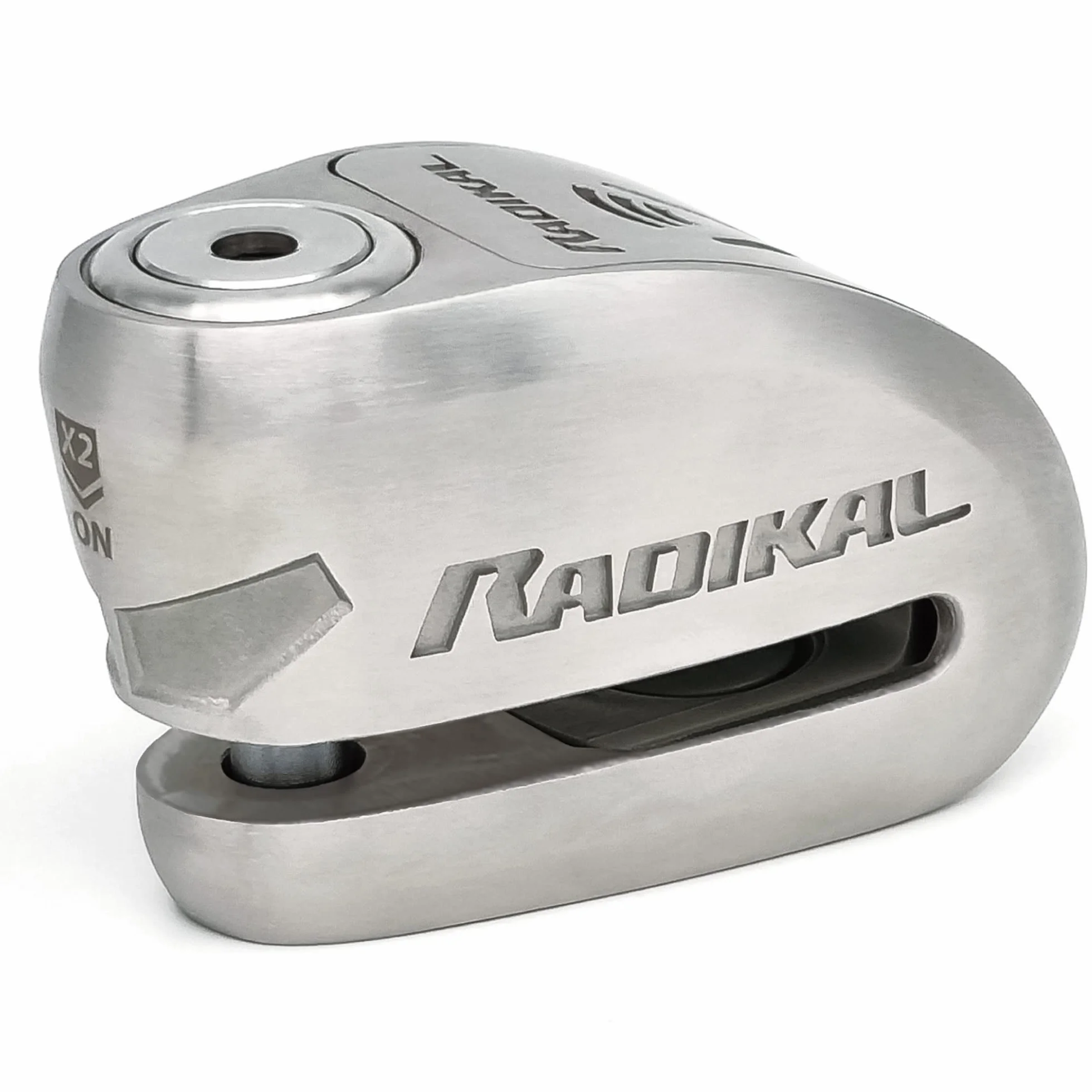 RADIKAL RK910S Candado Moto Disco Alarma X2-ON, Homologado Sra, Cerradura Alta Seguridad Antitaladro y Antiganzúa, Doble Cierre 10mm, Pila Larga Duración, Acero Inoxidable, Pinza Antirrobo Scooter