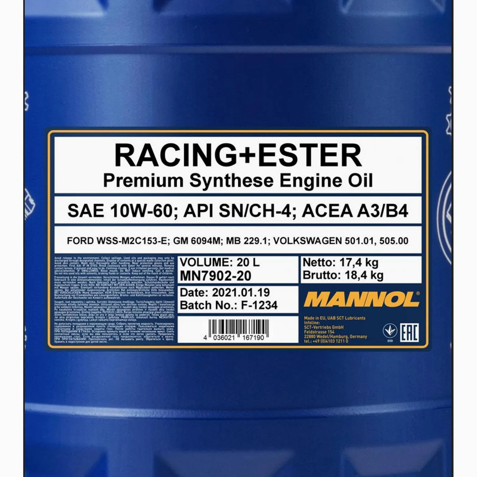 MANNOL Aceite de motor 10W-60 RACING+ESTER Aceite sintetico ACEA A3/B4 API CH-4 API SN 20L Compatible con TOYOTA AYGO WNB1, KGB1, KIA RIO III UB, SKODA Fabia II Combi 545