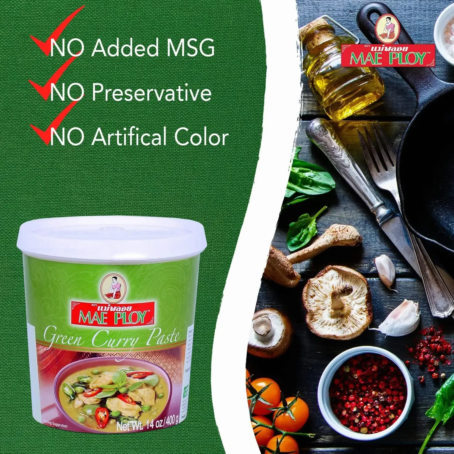 Pasta de Curry Verde Tailandés 400 g, mezcla aromática picante para recetas thai