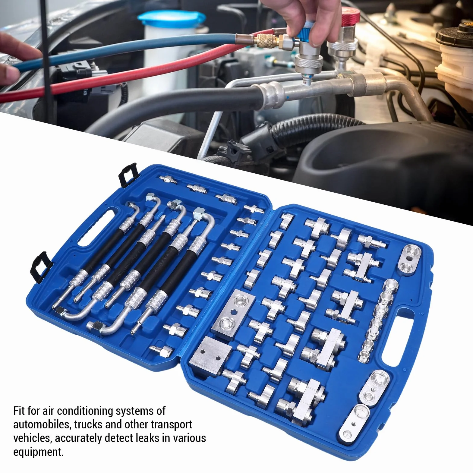 Luocute Kit de Prueba de Fuga de Aire Acondicionado Automotriz de 56pcs, Detector de Fuga de Aire Acondicionado para Automóviles de Camión de Automóviles, Kit de Herramientas de