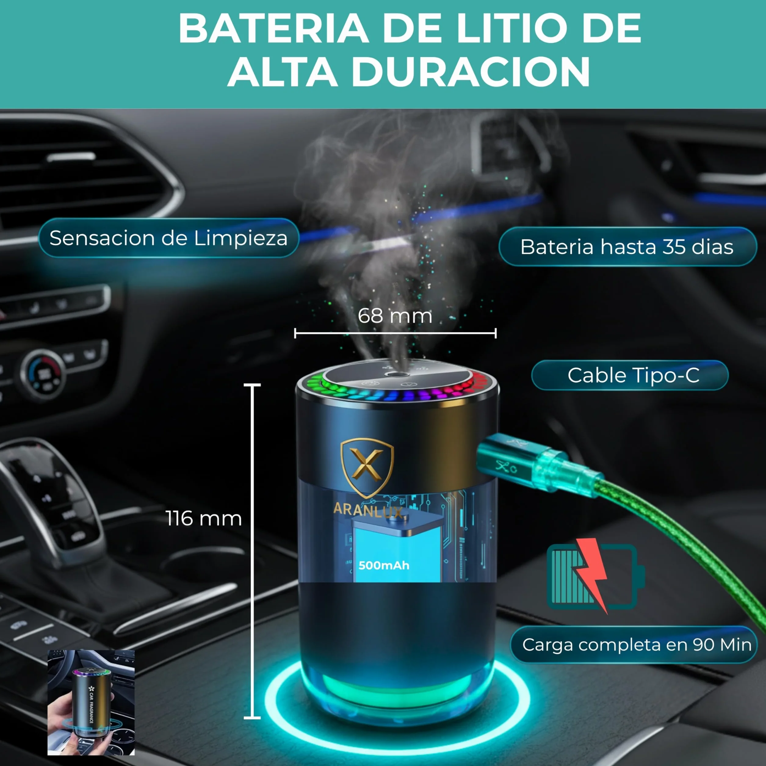 Ambientador de coche eléctrico 50ml - XL Larga duracion, intensidad regulable e ideal para viajes diarios, vacaciones y vehículos profesionales - Ambientador Inteligente para coche(Colonia)