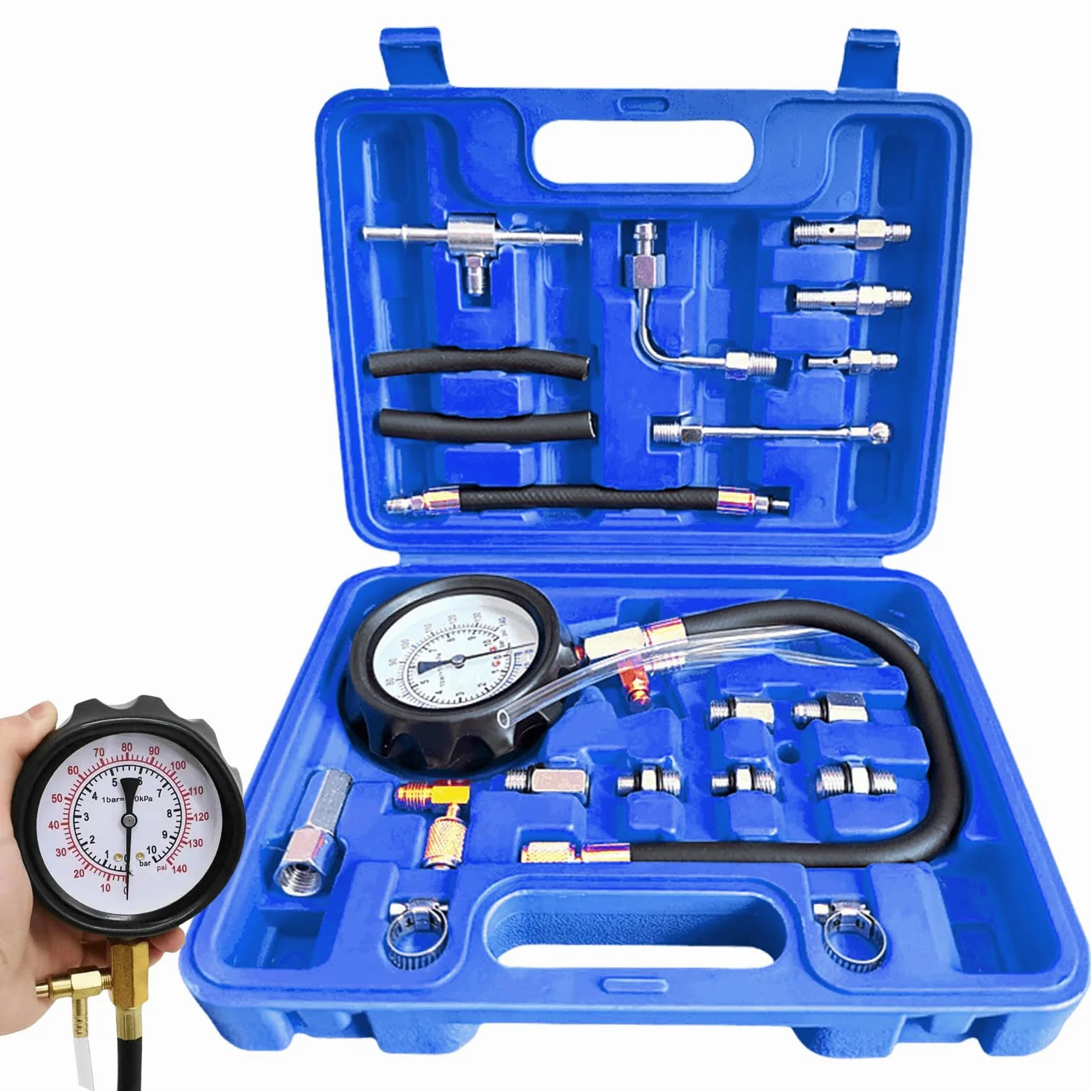0-140 PSI Manómetro de combustible Tester: Kit TU-114 de prueba de presión de combustible, probador de presión de bomba de inyección, herramienta de diagnóstico para coches, camiones y motocicletas a