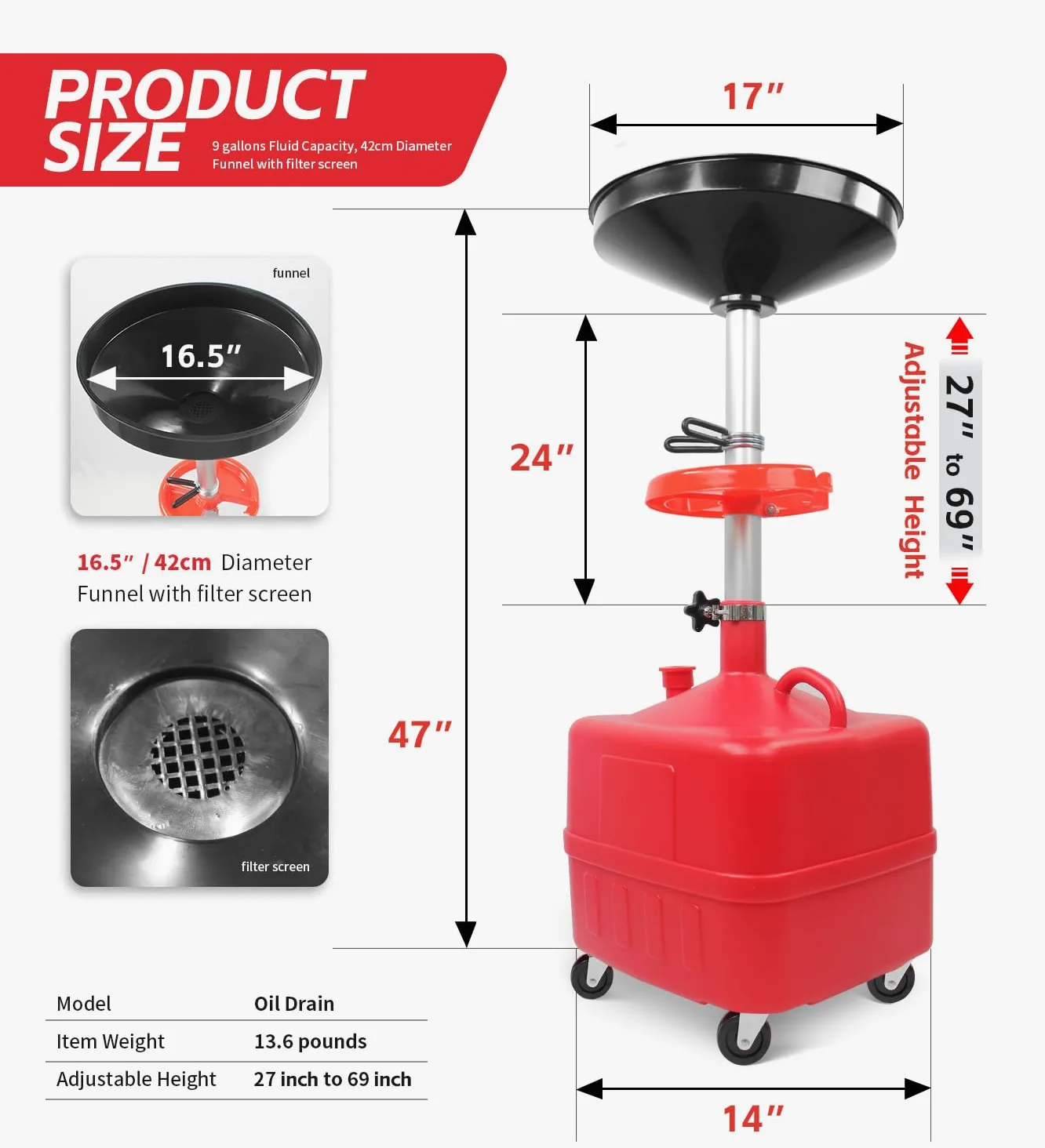 MaxWorks 50964 - Drenaje de Aceite Residual portátil de 9 galones, Tanque Cuadrado de Drenaje de fluidos Industrial con Ruedas y Altura de Embudo Ajustable. Rojo.
