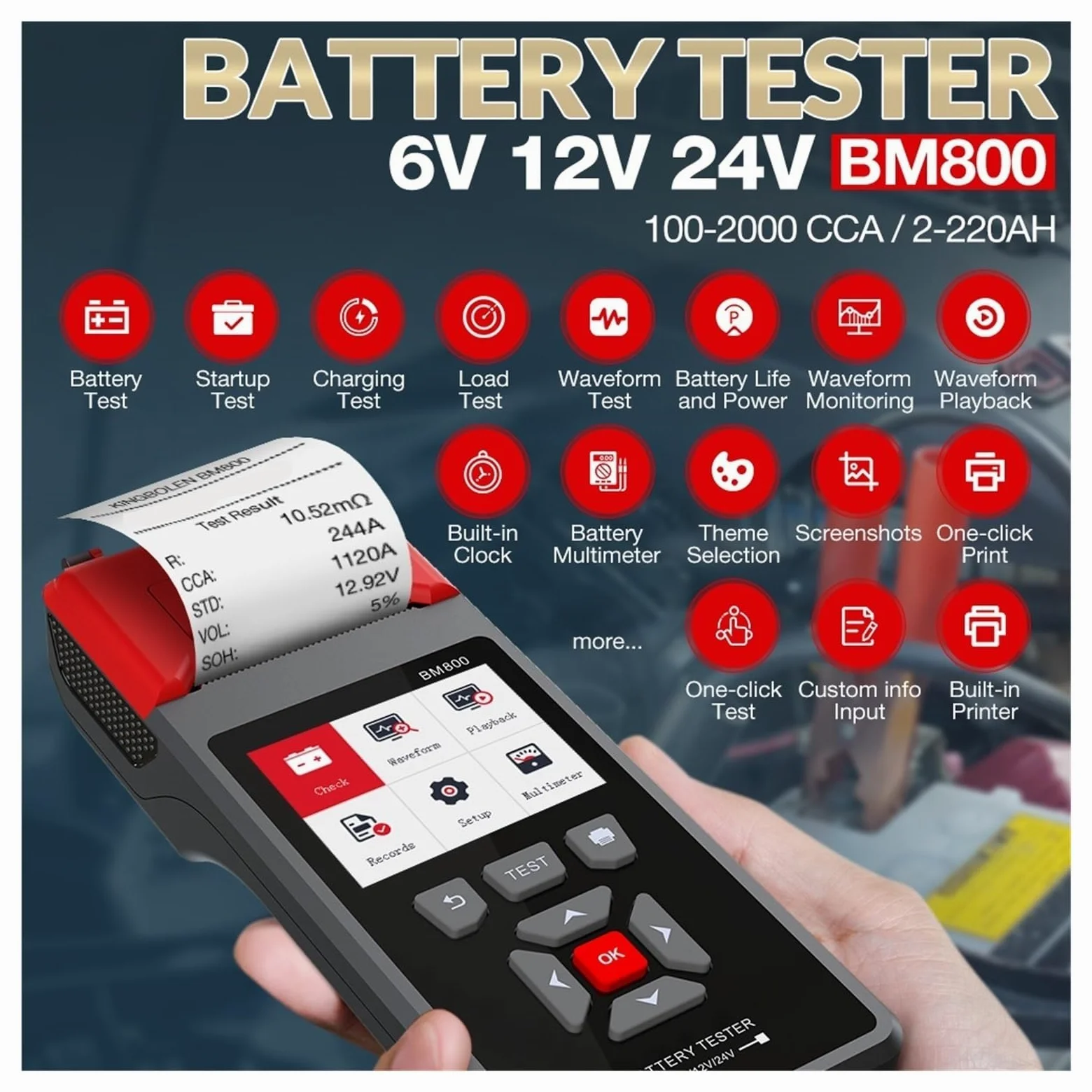 Probador De Batería Coche Con Impresora 6V 12V 24V Analizador Prueba Arranque Carga Máxima Detección Rápida Precisa