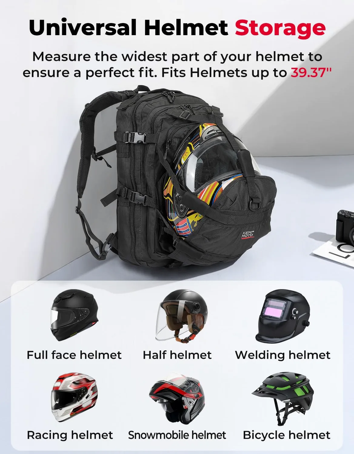 KEMIMOTO - Mochila para Casco de Motocicleta, Bolsa de Casco de 37L de Gran Capacidad con Puerto de Carga USB, Mochila de Conducción y Desplazamiento para Hombres