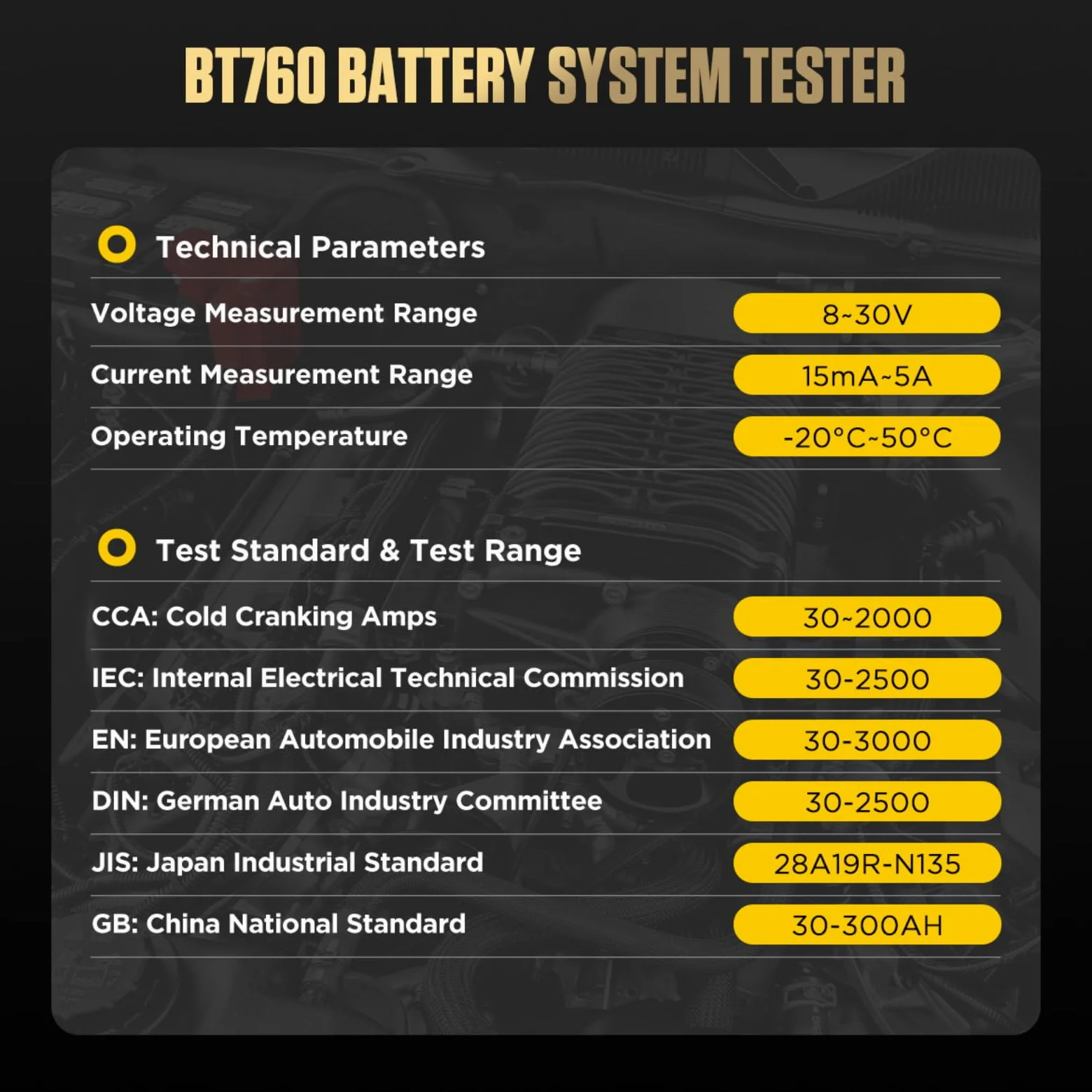 Analizador de batería BT760 30-2000 CCA Prueba de batería/carga/carga/arranque para vehículos de 8-32 V HD-Vans Camiones Motocicletas Impresora incorporada con 3 rollos de papel de impresora 14