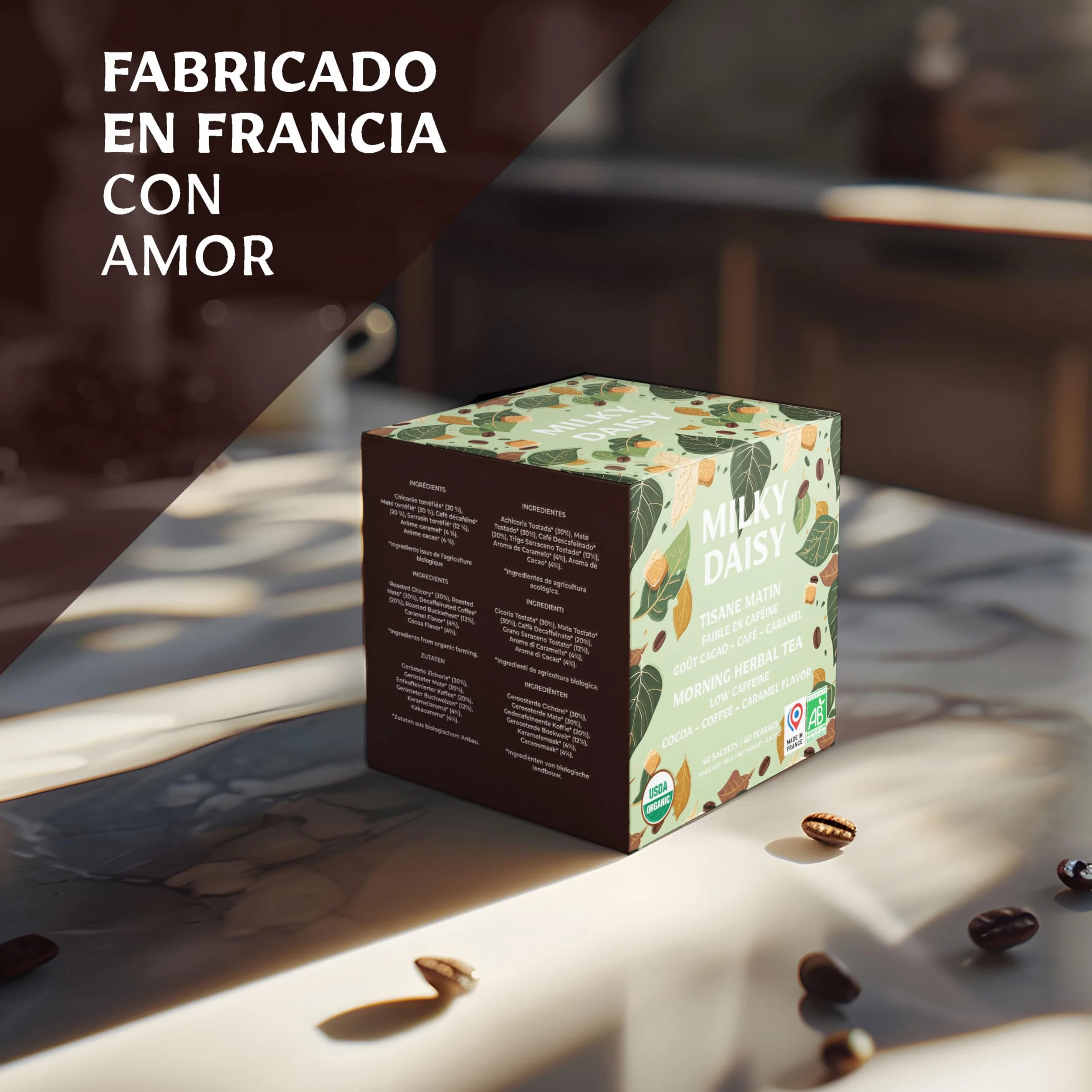 Milky Daisy Té Matutino Orgánico Sustituto del Café Sabor Cacao Café Caramelo Energizante Bajo en Cafeína 40 Bolsitas