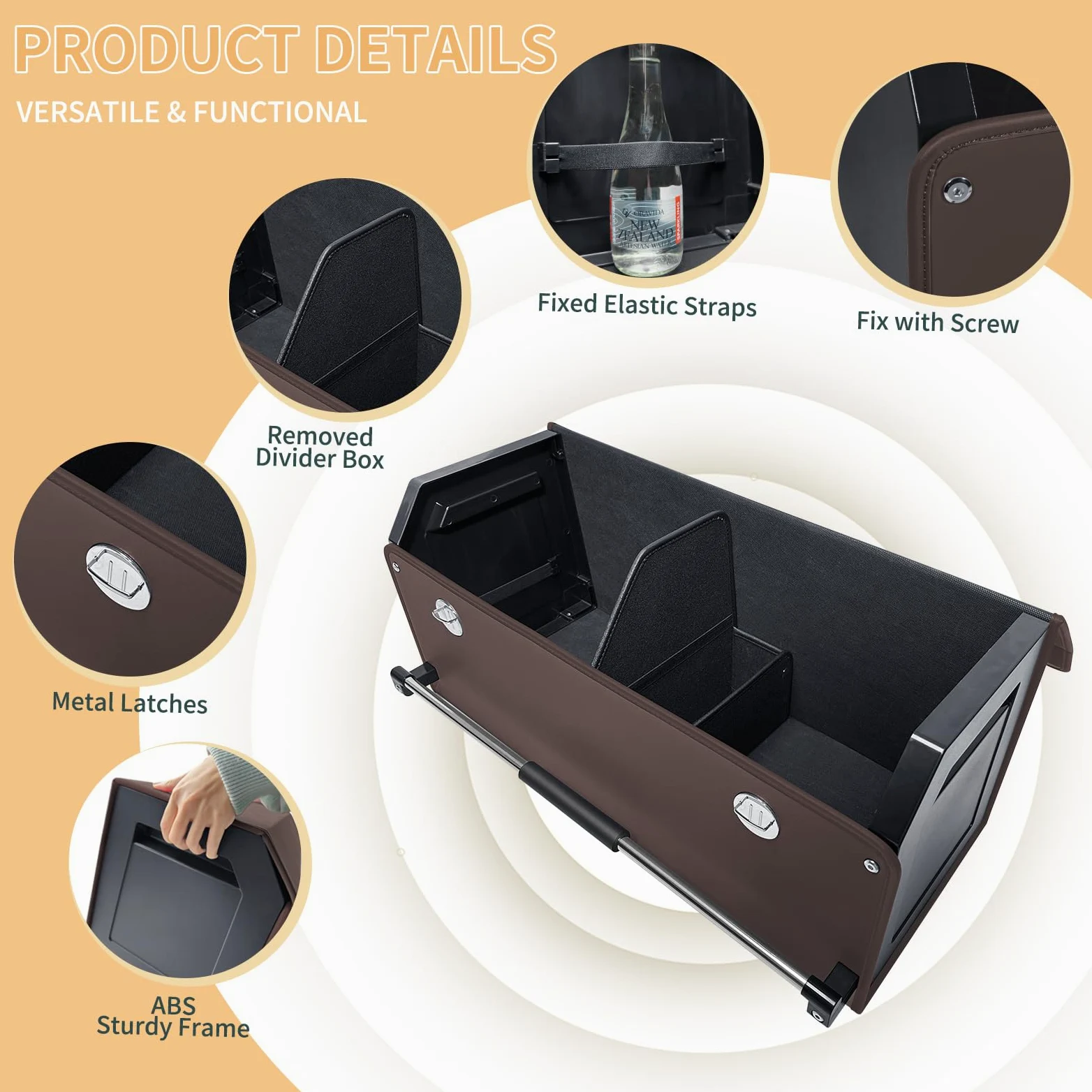 Organizador plegable de cuero para maletero de coche con tapa y asa resistente para SUV, camión, sedán, almacenamiento de coche (marrón, 69 x 29 x 31 cm)