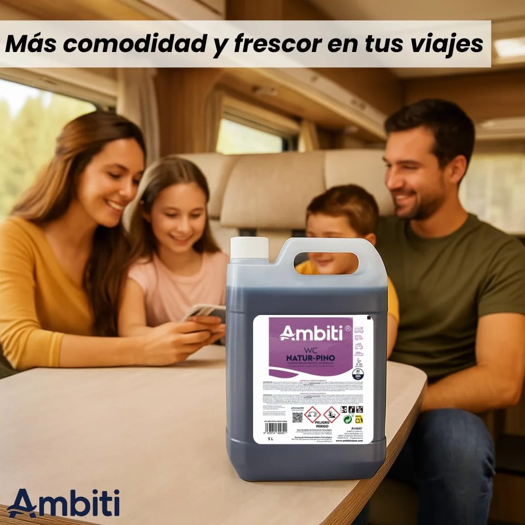 Ambiti | Natur Pino 5L | Aditivo para Depósito de Residuos Aguas Negras | Inodoros Portátiles de Autocaravanas, Caravanas y Barcos | Elimina Olores,residuos y Desinfecta | Fragancia a Pino