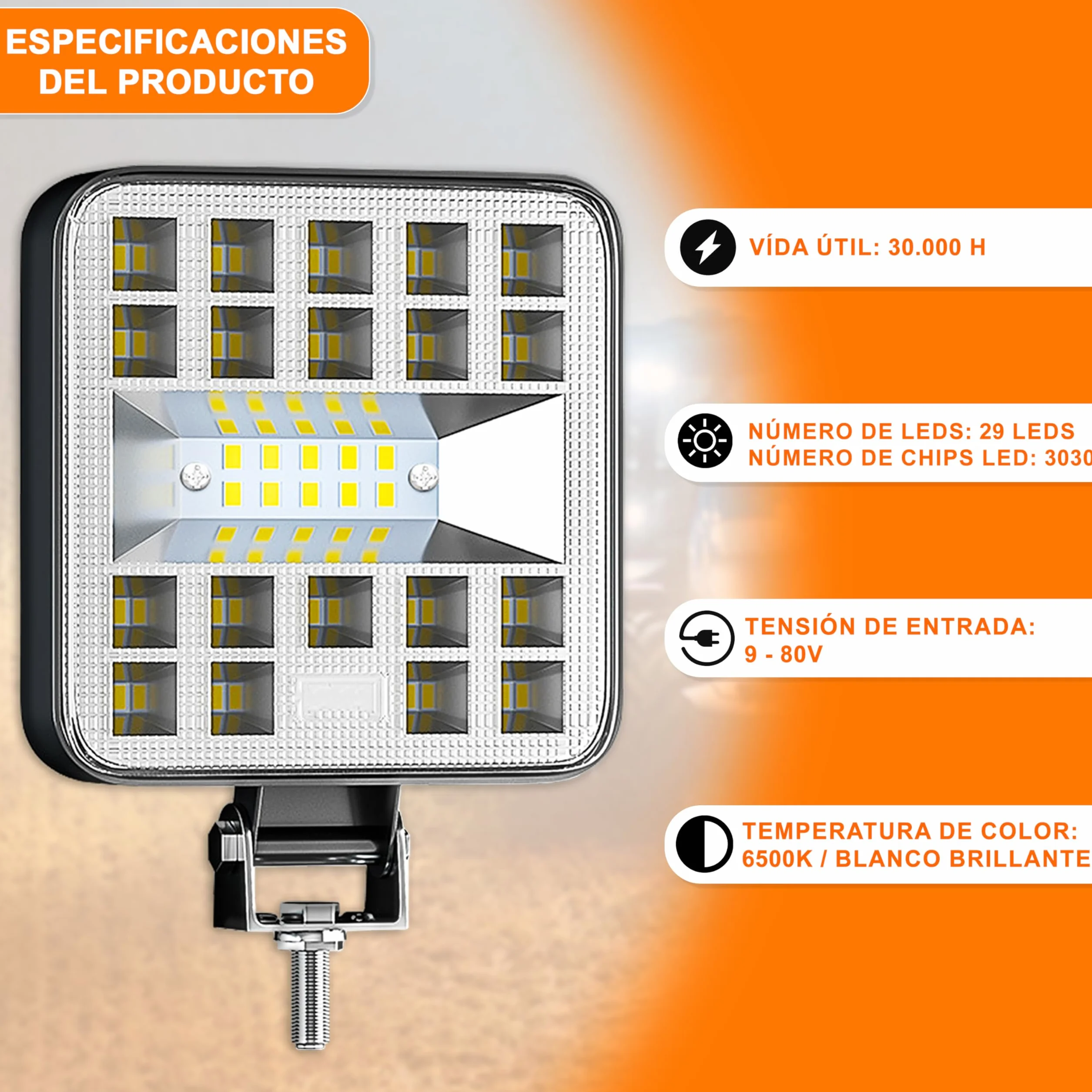Foco led 12v 2 uds aluminio abs 29 led 6500K 8.4 cm 3.34" IP65 120% maxima luminosidad faros tractor 4x4 largo alcance