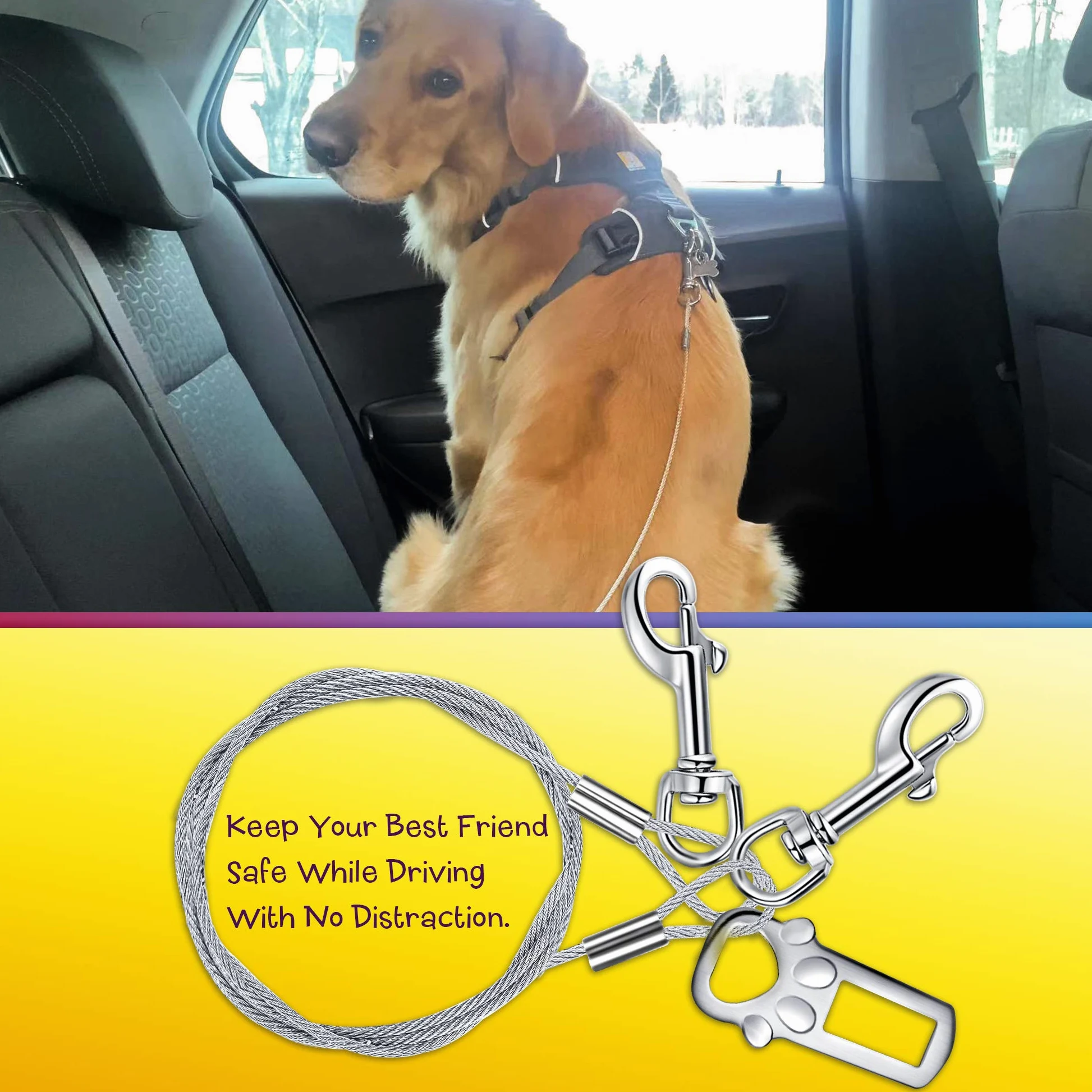 Cinturón de seguridad para perro, a prueba de masticación/masticación, cinturón de seguridad para perro, cinturón de seguridad de vehículo para cachorros con doble clip y cierre – Acero