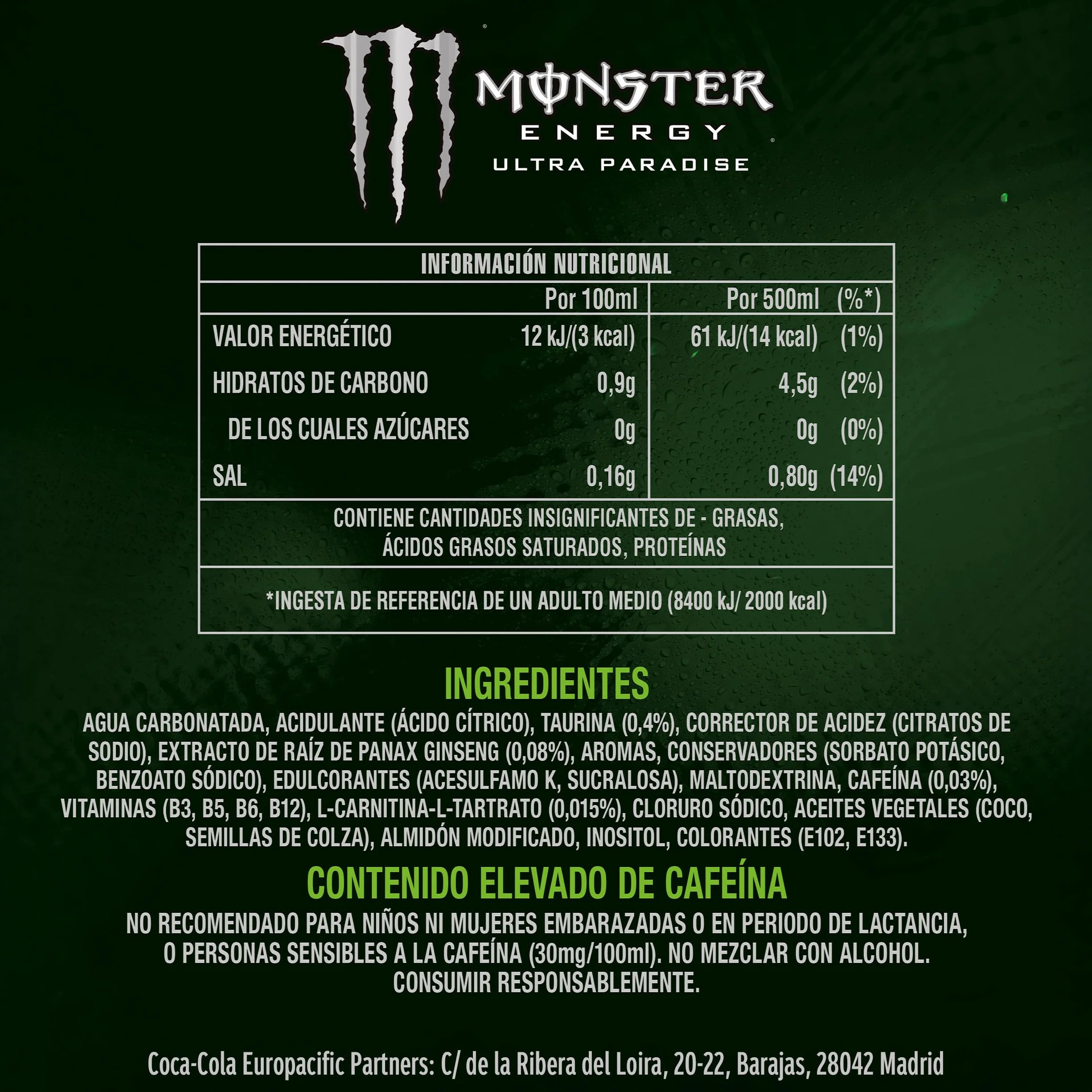 Monster Energy Ultra Paradise Bebida Energética sin Azúcar Pack 12 Latas 500ml