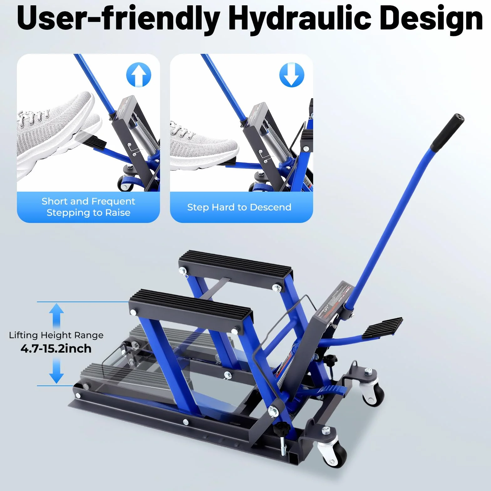 Elevador hidráulico para motocicleta, capacidad de carga máxima de 680 kg, ajustable, 12 – 38,7 cm, soporte de montaje para motocicleta, plataforma elevadora plegable para motocicletas, ATV