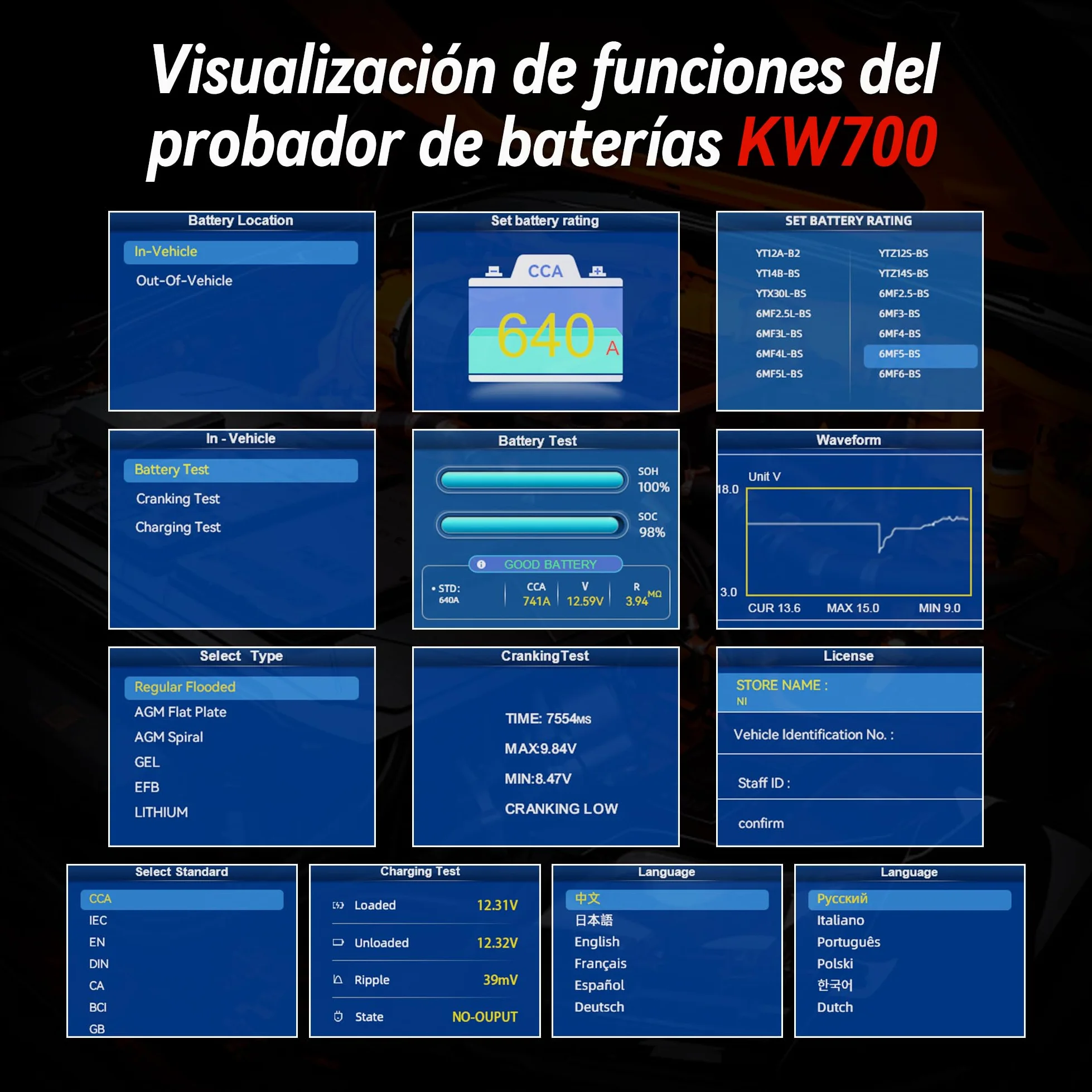 KONNWEI Comprobador de batería de coche con impresora 12V 24V 100-2000 CCA analizador de batería