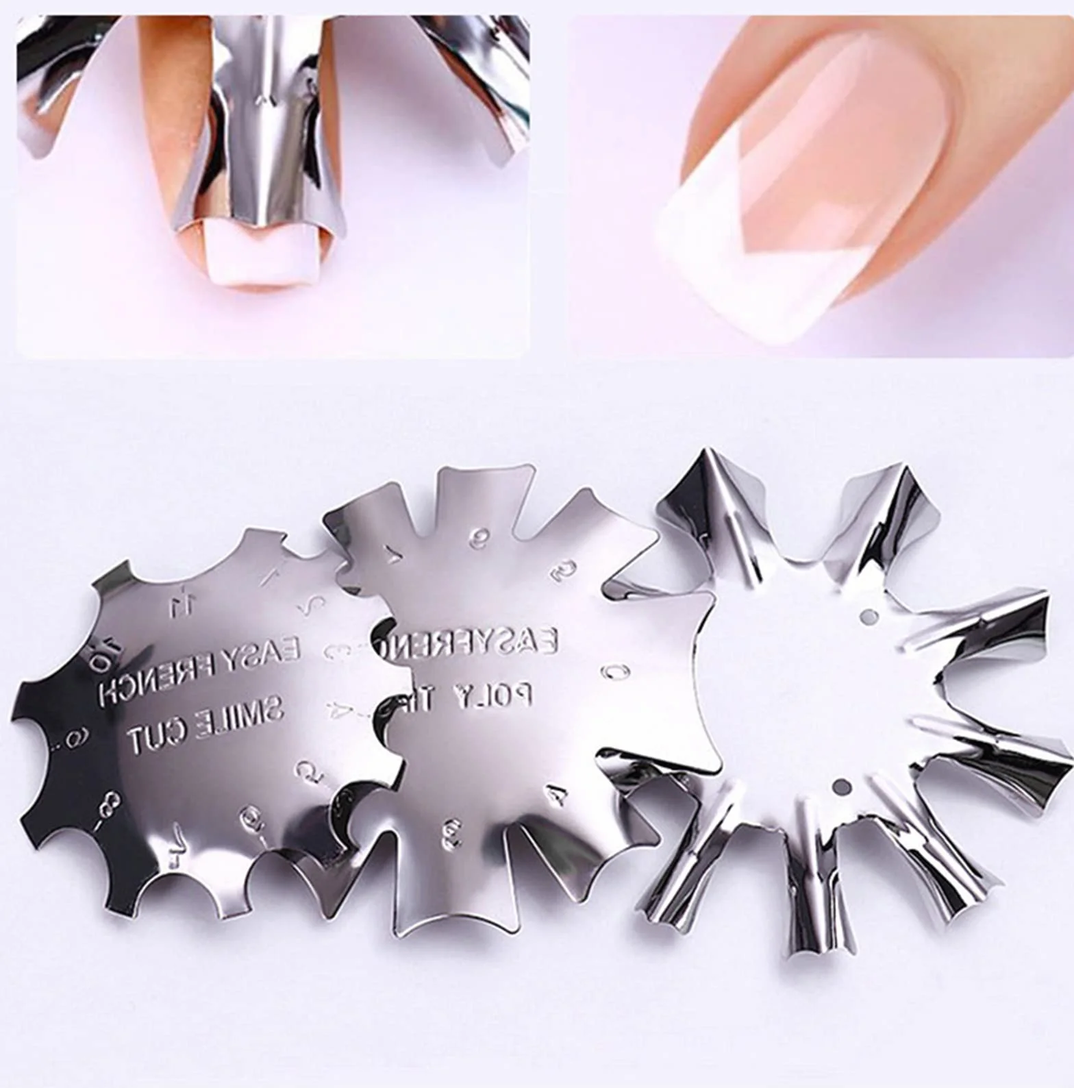 French Smile Line Edge Trimmer Cutter 4 Piezas, Nail Art Metal Plantilla Cutter Acrílico UV Gel, 4 Formas Plata
