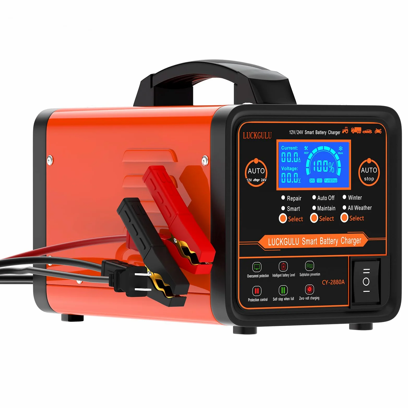 Cargador de batería de coche 12V/24V 20A, equipo automático de carga y mantenimiento de alta resistencia con modo reparación, programa de invierno y parada automática; cargador rápido para coches, cam