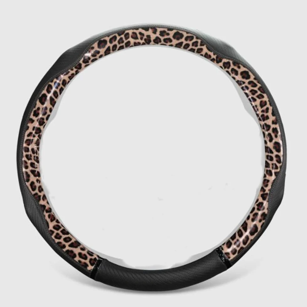 Funda para Volante de Cuero Duradero Antideslizante Transpirable para Las Cuatro Estaciones Universal de 15 Pulgadas (Leopardo-café)