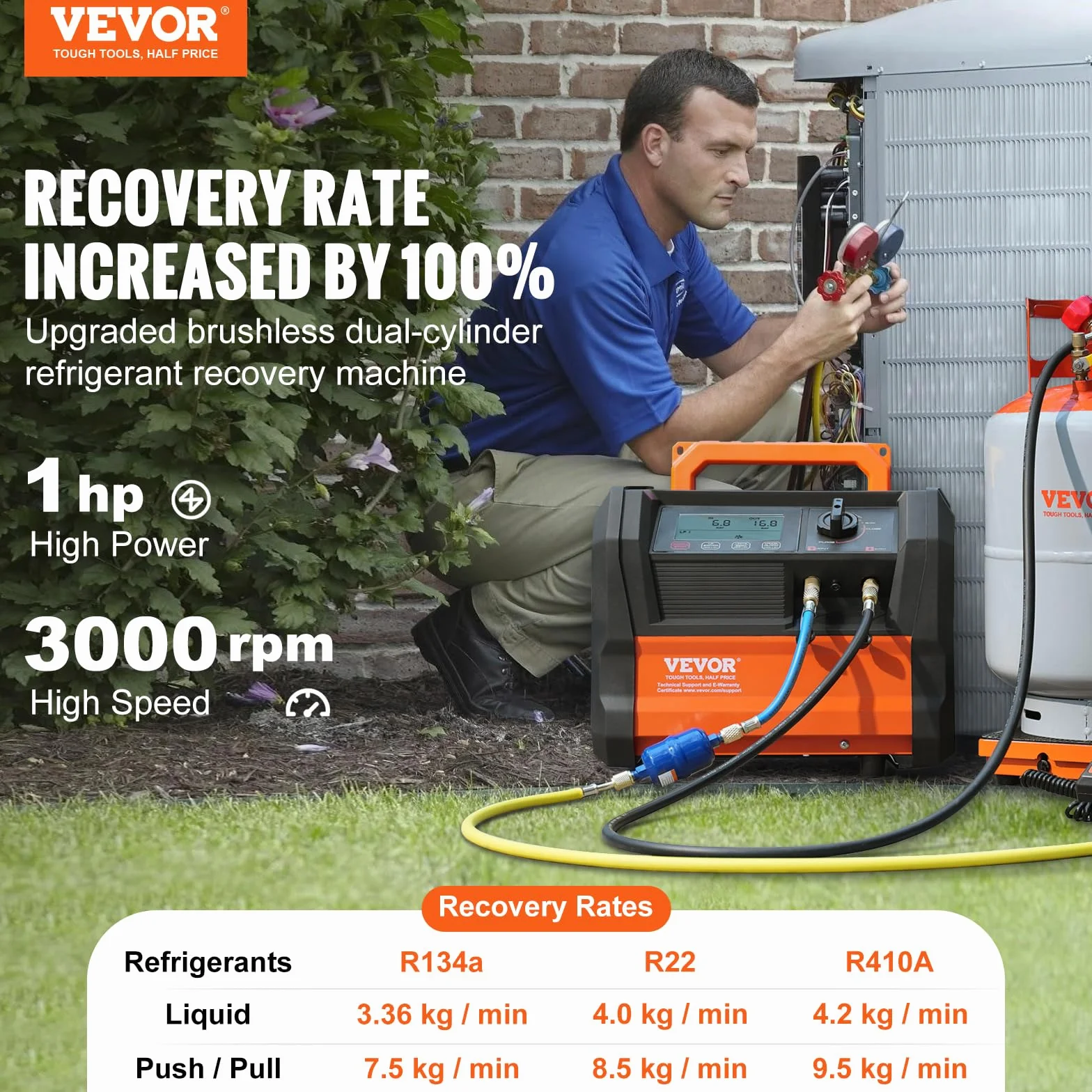VEVOR Recuperador de refrigerante, máquina de recuperación de Aire Acondicionado portátil de 1 CV con Doble Cilindro y Motor sin escobillas de 3000 RPM, Herramienta de Reciclaje de refrigerante freón