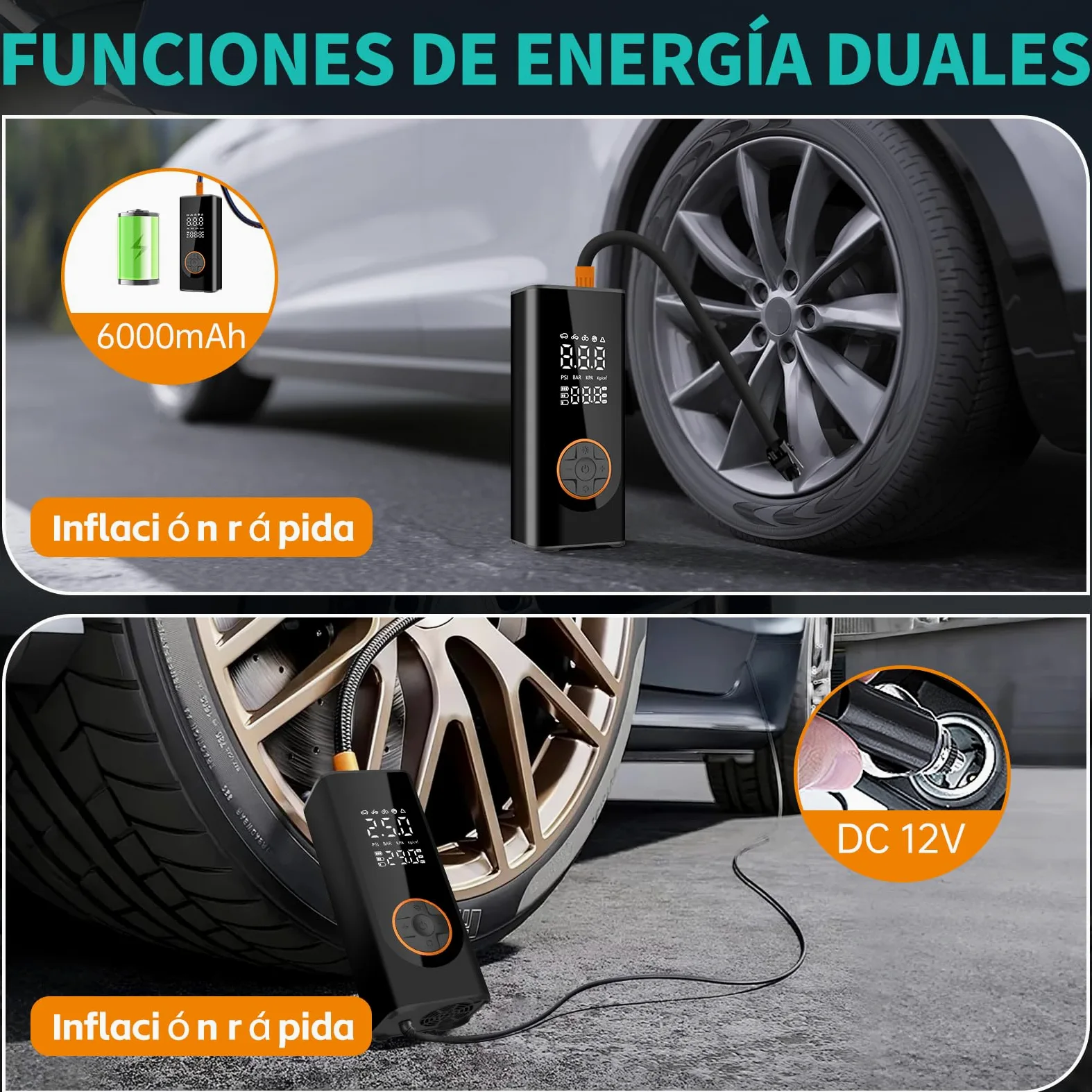 Inflador Ruedas Coche Digital 12V, compresor de Aire portátil, Bomba Digital para neumáticos de Coche 12 V 150 PSI Bomba de Aire eléctrica para neumáticos de vehículo, Bicicleta, inflables