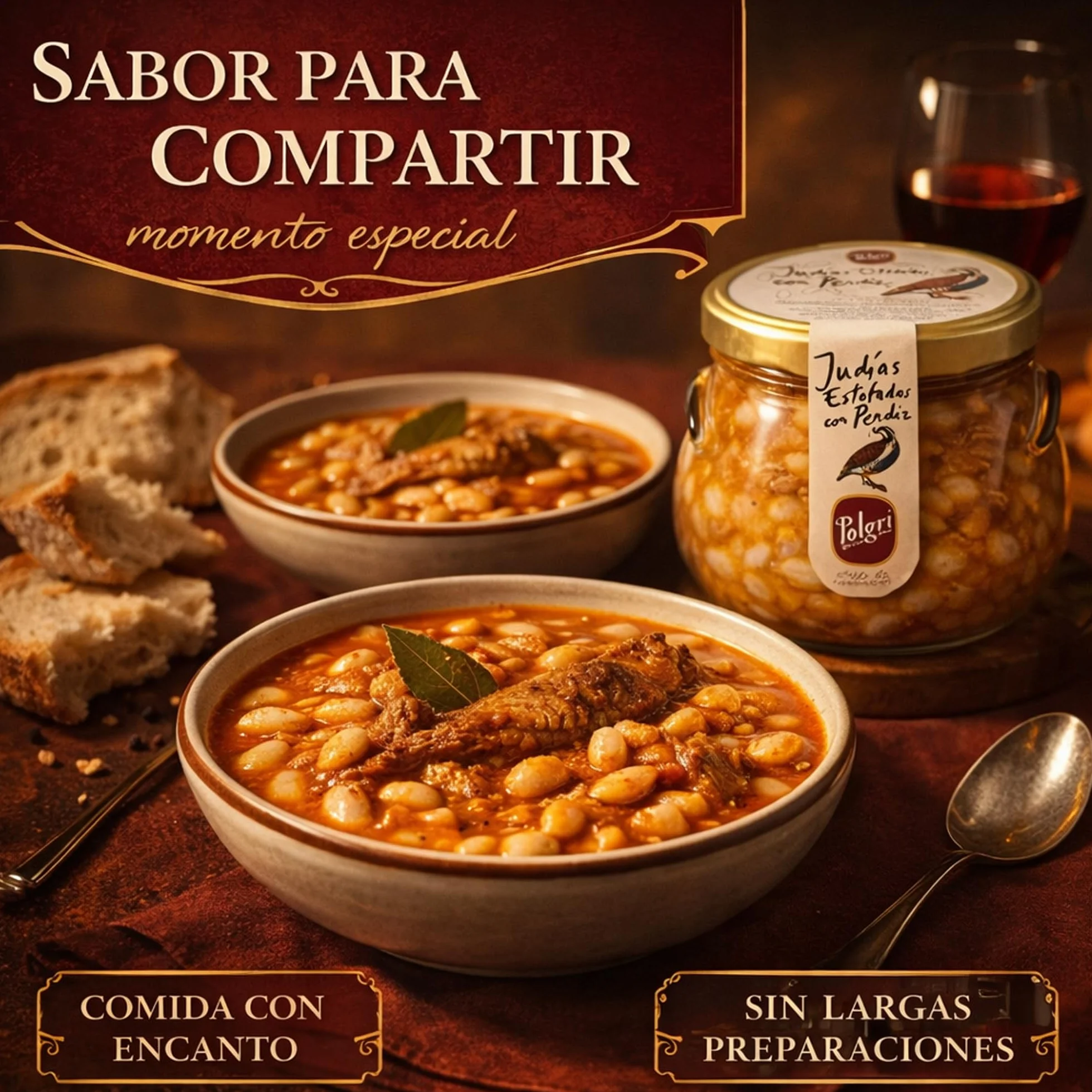 POLGRI Judias Estofadas con Perdiz Gourmet AOVE 640 ml Tarro de Cristal Comida Preparada