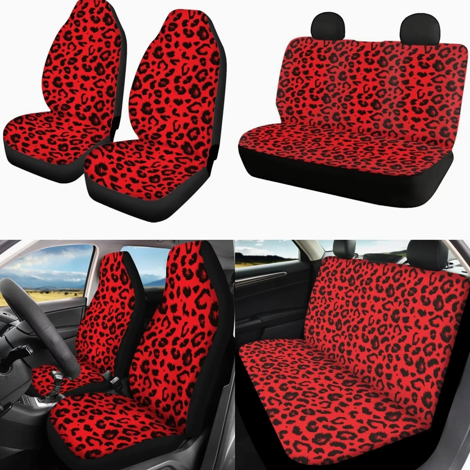 POLERO Juego de fundas para asiento de coche y accesorios con estampado de leopardo rojo, 11 piezas, funda para volante con estampado animal de guepardo rojo, almohadillas para cinturón de seguridad