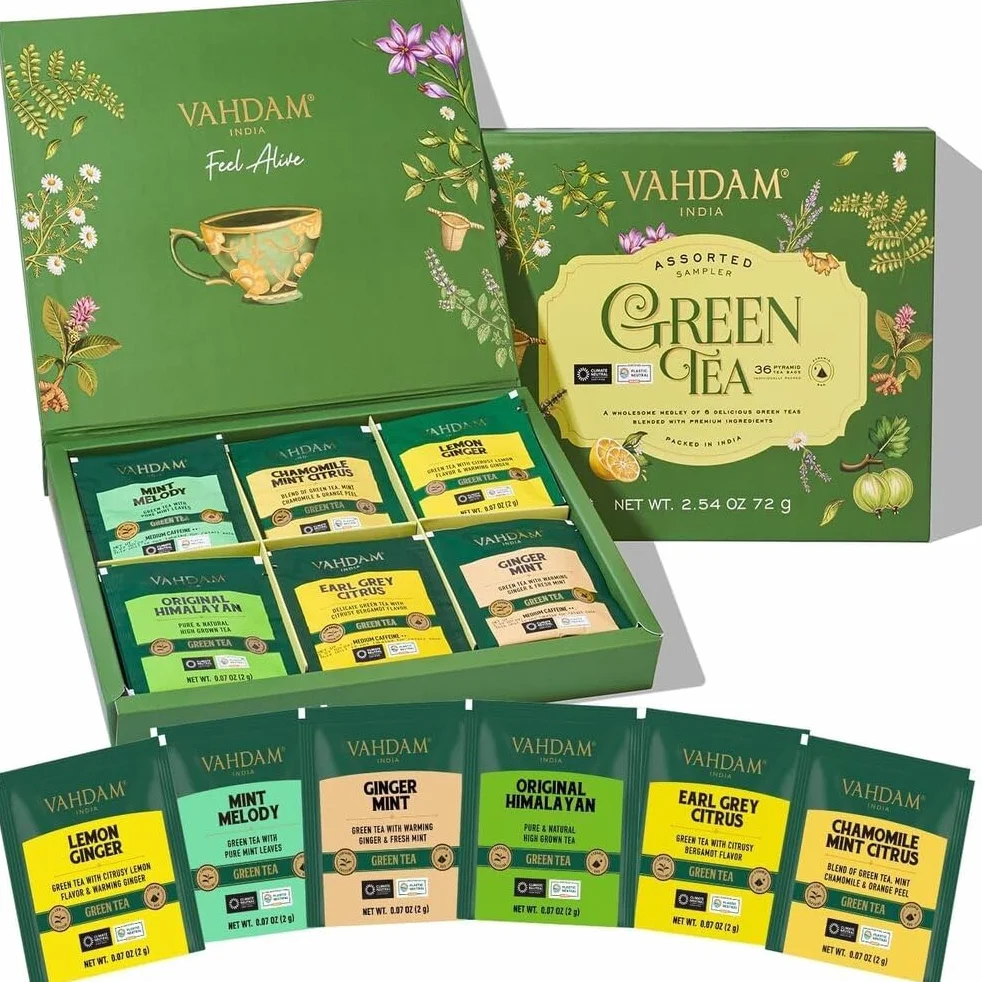 VAHDAM Caja de Regalo de Té Verde Surtida 6 Sabores 36 Bolsas Piramidales