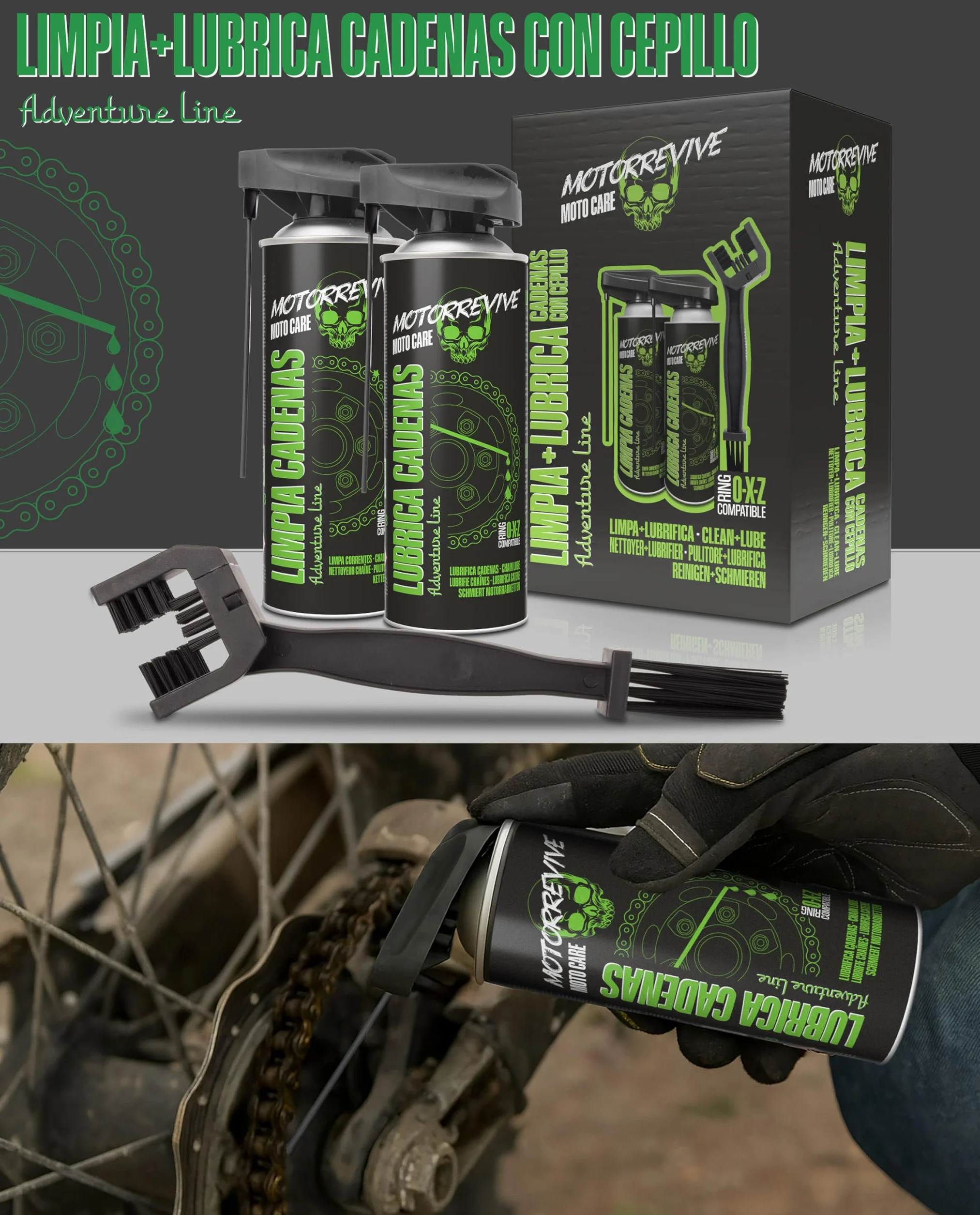 Pack Adventure Line con Limpiador, Lubricante y Cepillo para Cadenas de Moto Off-Road 380 + 380 ml | Mantenimiento Completo para Motocross, Enduro y Rutas Todo Terreno