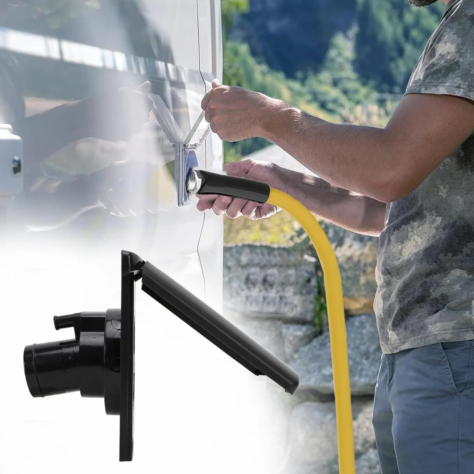 Interreno de Llenado de Agua RV, Escotilla de Llenado de Agua con Cubierta Magnética y Cerradura, 5.2x5.7in, Negro, Conexión de Agua para Botes de Autocaravana, Material de ABS,