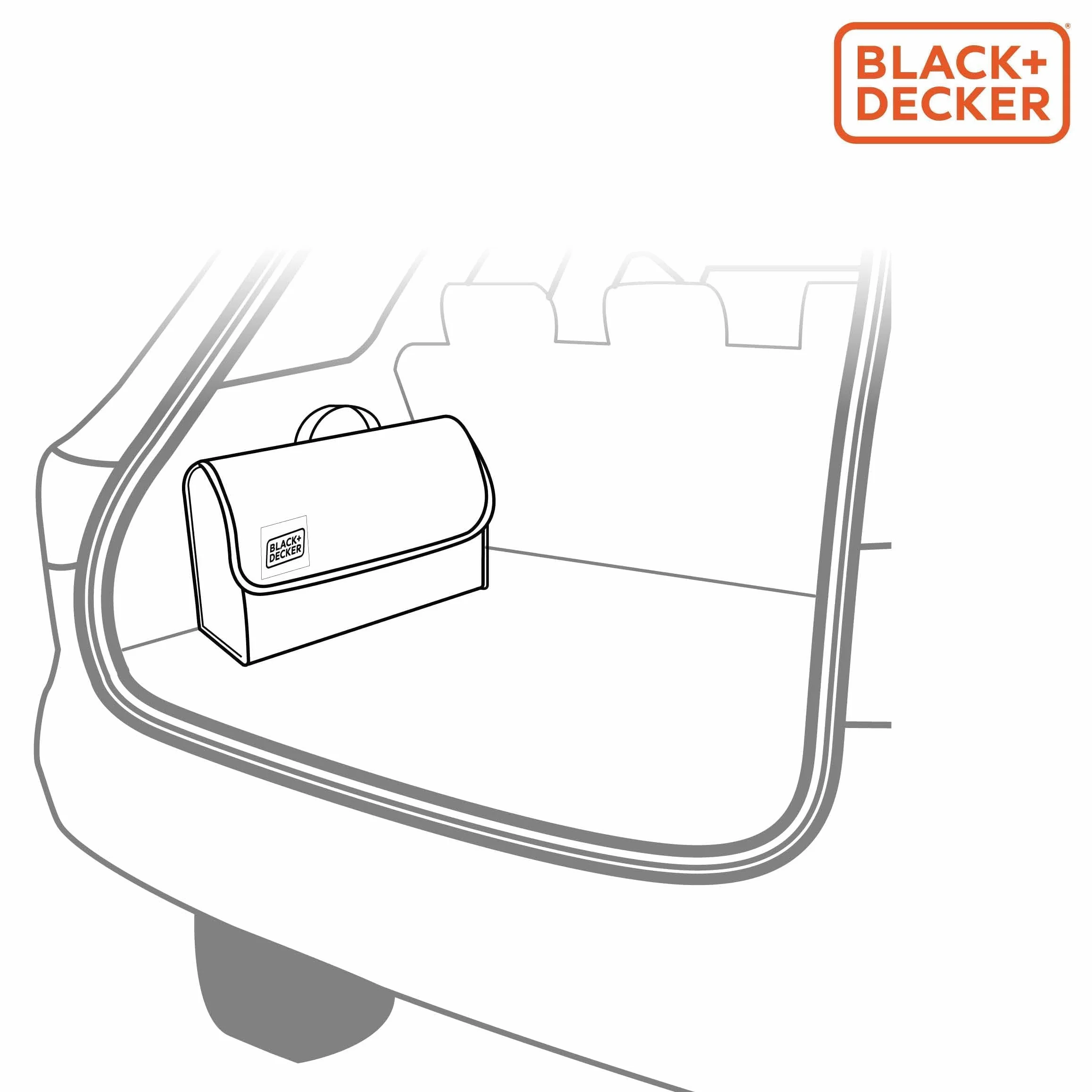 Black+Decker Organizador Maletero Coche - Organizador Coche 55 x 15 x 23 CM - Caja Plegable con 1 Compartimento Grande y 2 Bolsillos Deslizantes - Accesorios Coche y Compras - Con Velcro - Negro