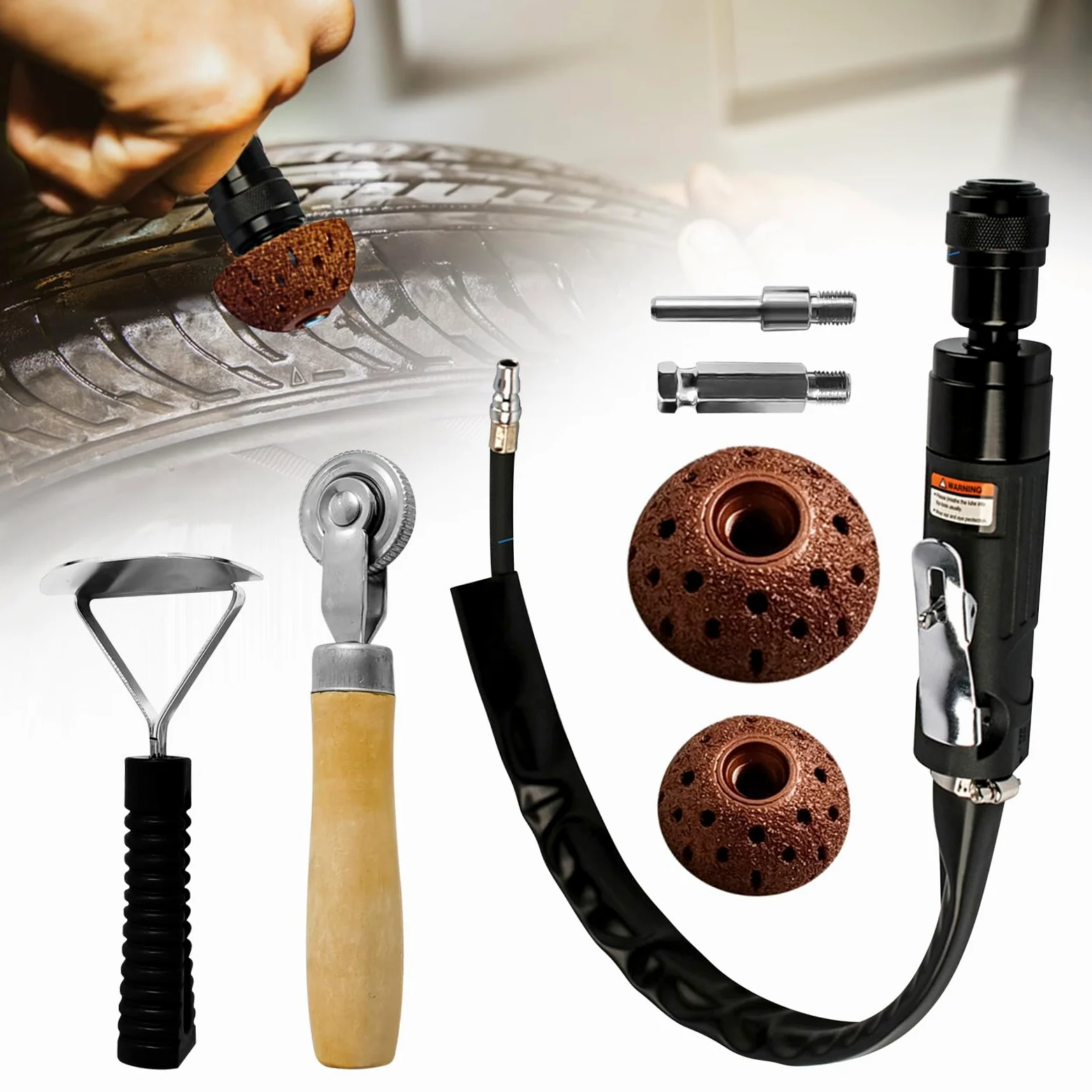 Herramientas de reparación de neumáticos, incluye amortiguador de neumáticos de baja velocidad de 2500 rpm, ruedas de pulido de neumáticos de 42 mm y 55 mm, cortador de raspado de rodillo de