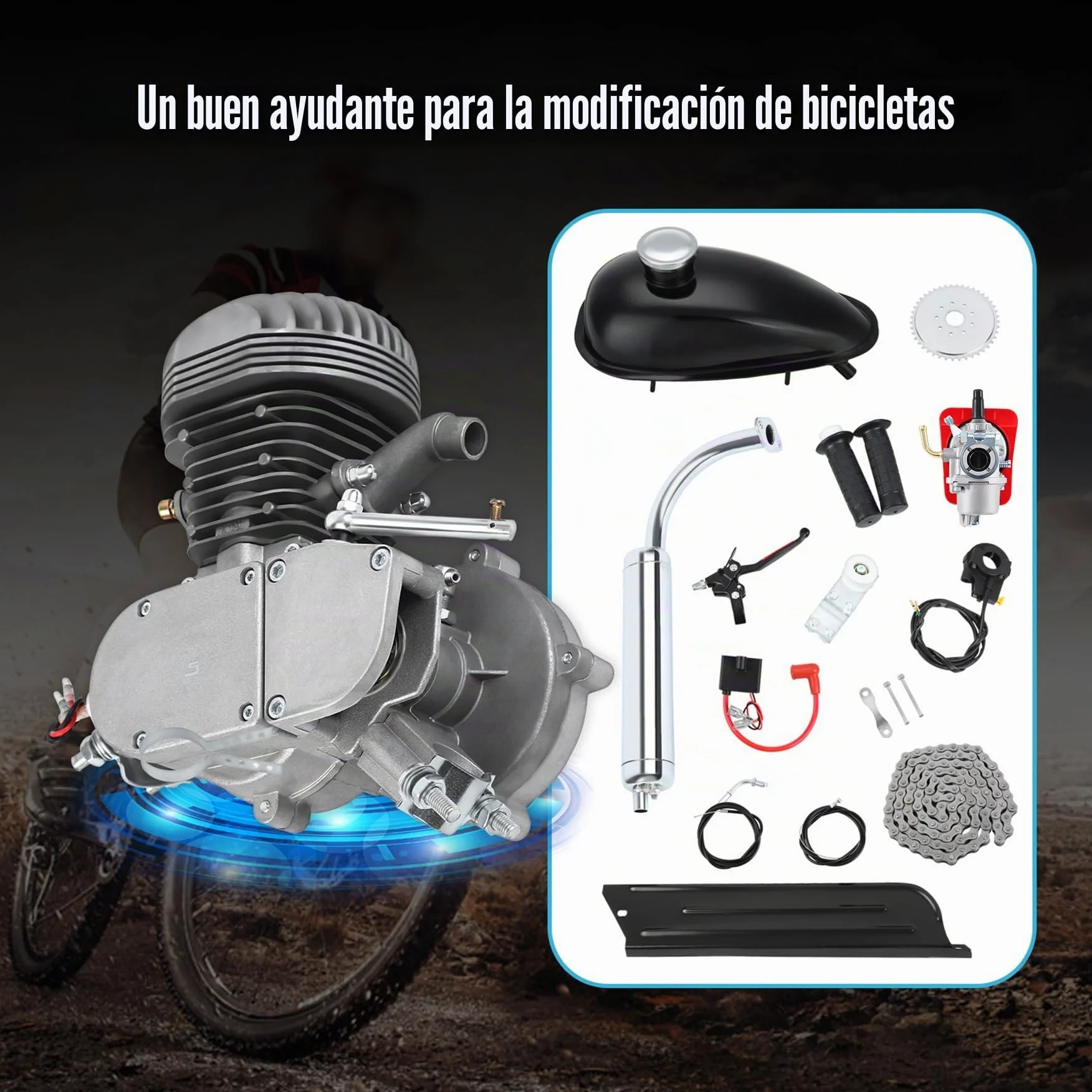 Kit de motorización para bicicleta de 2 tiempos, 100 cc, motor de gasolina, kit de conversión de bicicleta plateado