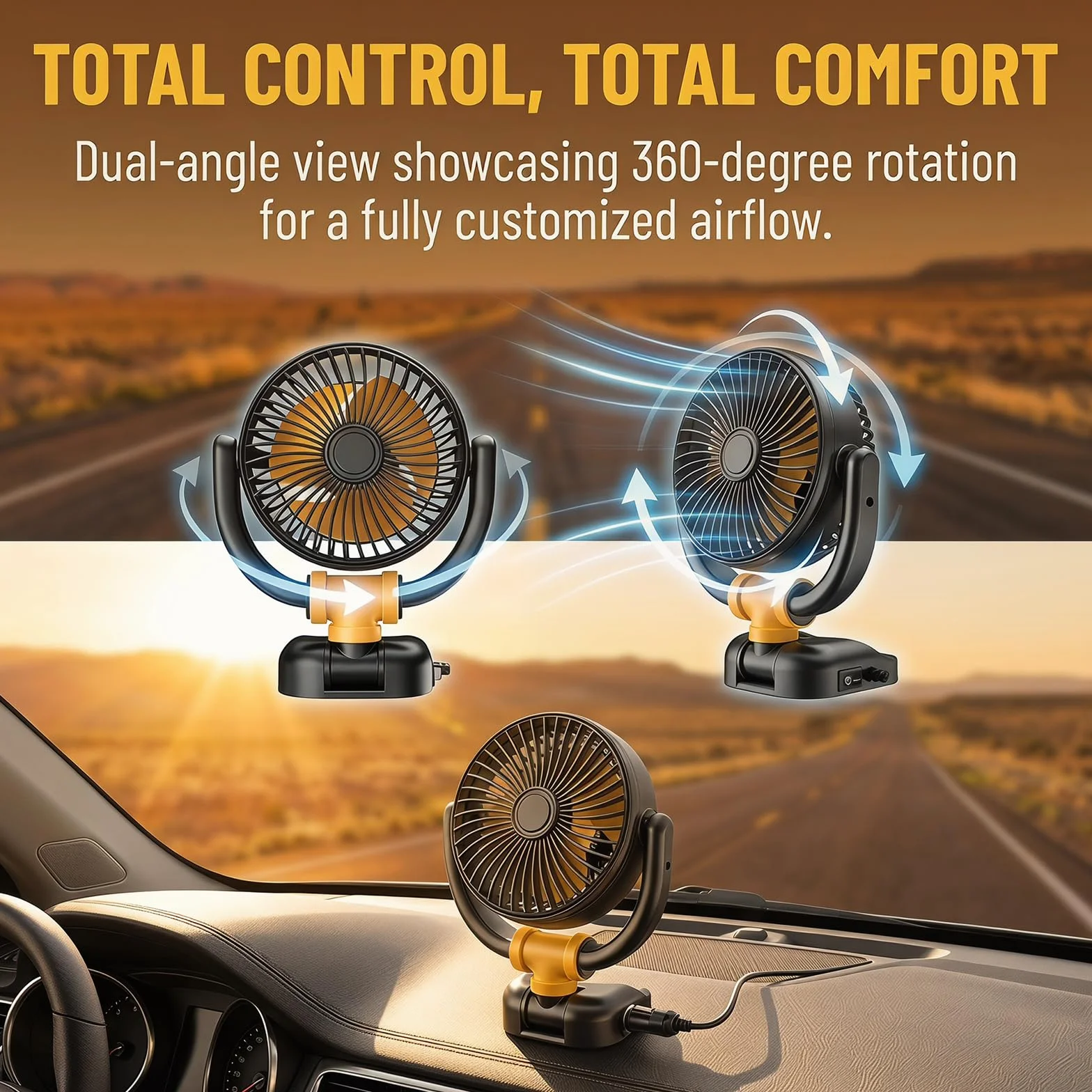 Ventilador Coche, Ventilador 12v Silencioso, Ventilador Coche Mechero, Ventilador Portatil, 360°Giratorio Viento Fuerte, para SUV RV Barco Carro